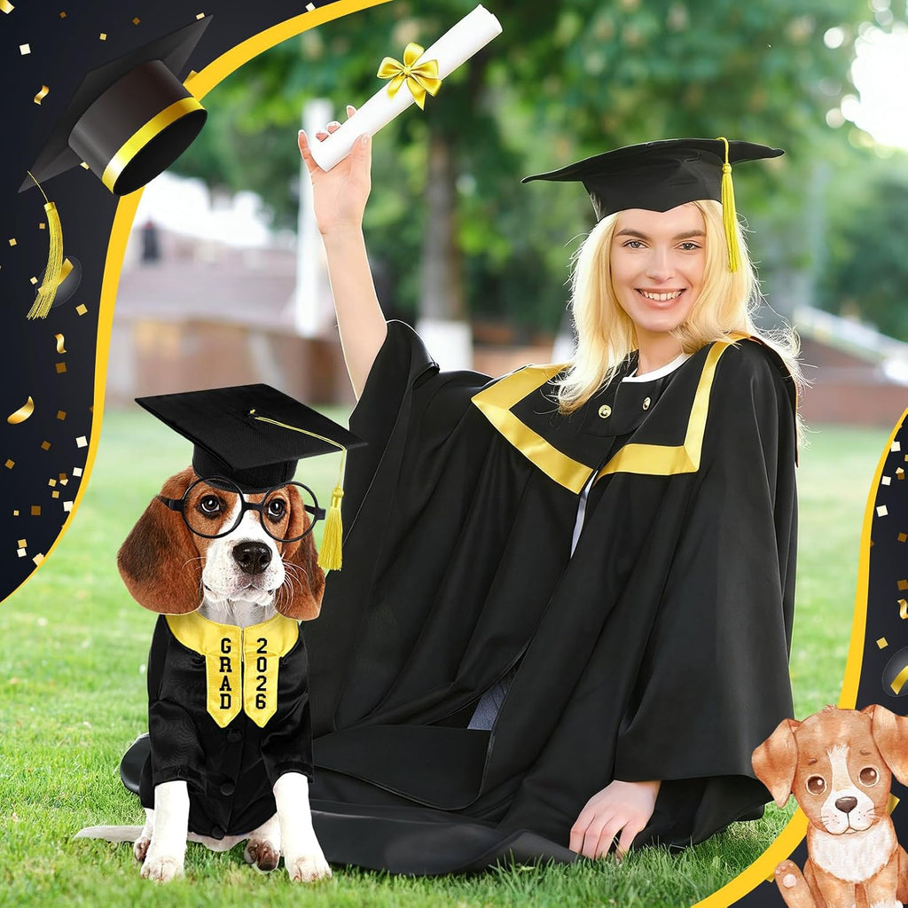 Huhumy 5 Pcs Dog Graduation Costume Set Include 2026 Pet Graduation Gown with Stole Puppy Grad Cap Lensless Glasses DIY Letter Stickers for Dogs Cats Holiday Costume Accessory(Black Yellow,S)