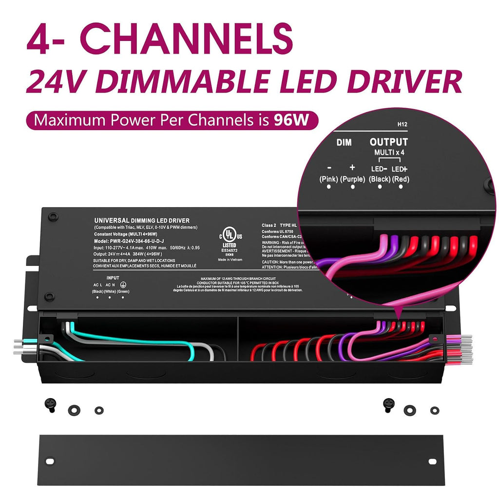 EMITEVER 384W 24V 5-in-1 4-Channel Dimmable LED Driver, AC 110-277V to DC