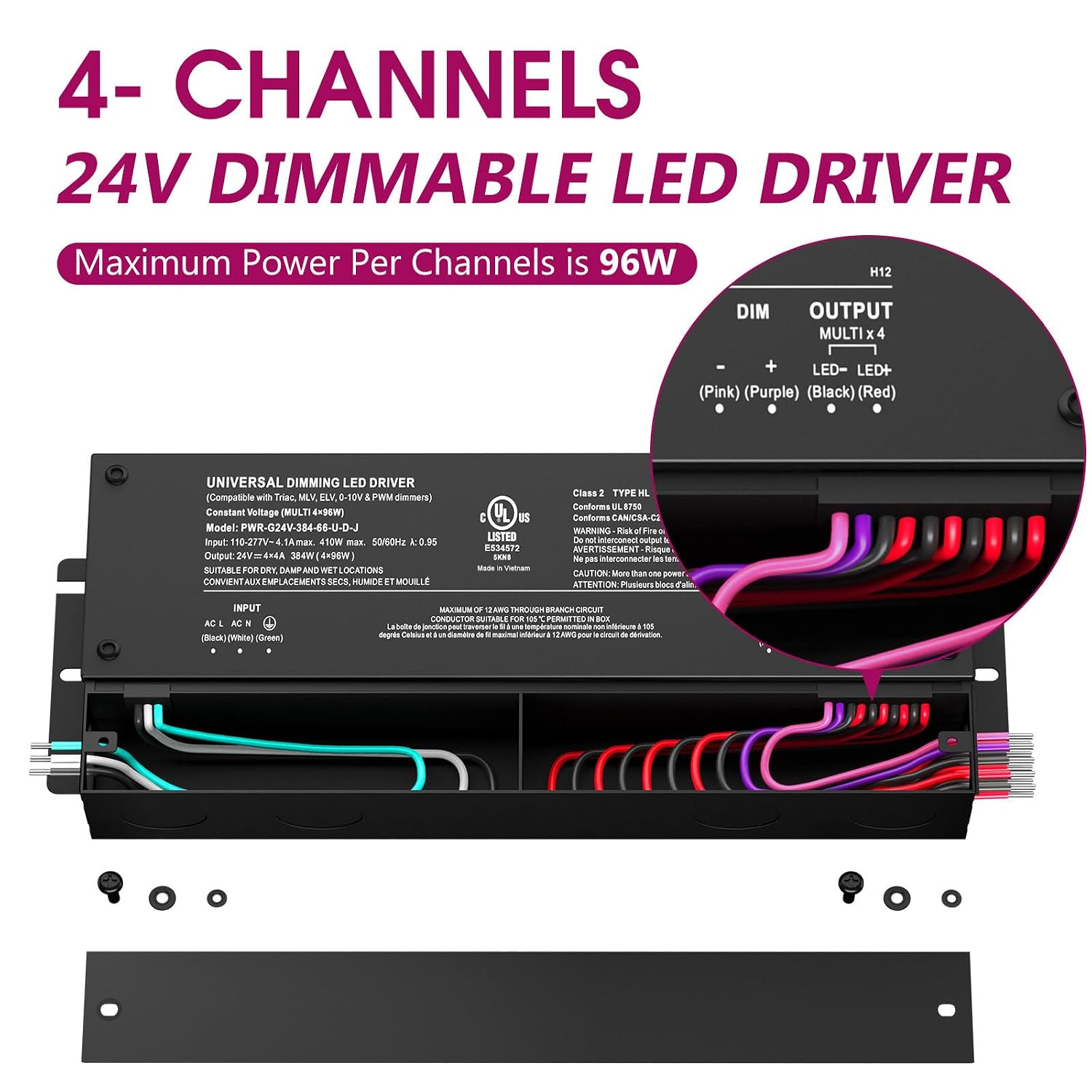 EMITEVER 384W 24V 5-in-1 4-Channel Dimmable LED Driver, AC 110-277V to DC
