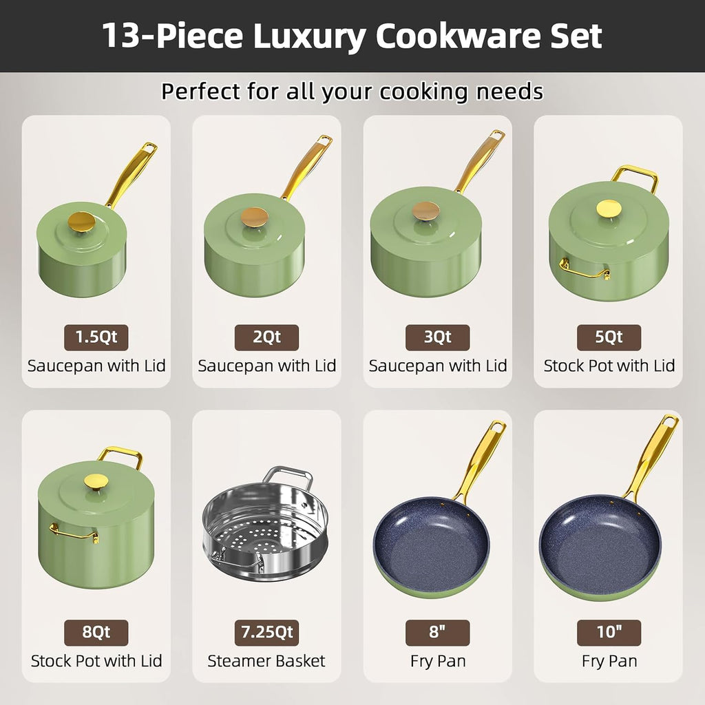 Nuwave Lux LE 13Pc Ceramic Cookware Set with Elegant Gold Handle, PFAS Free
