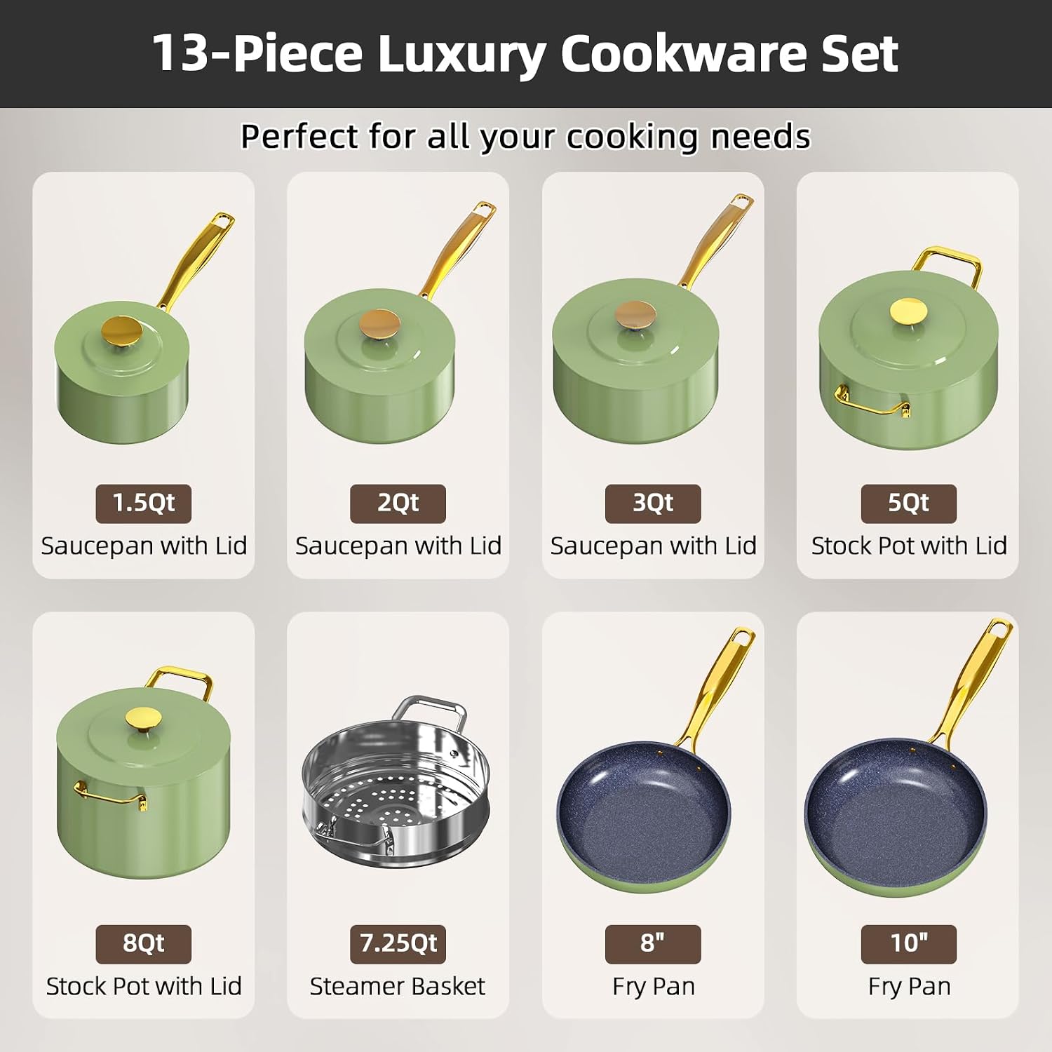 Nuwave Lux LE 13Pc Ceramic Cookware Set with Elegant Gold Handle, PFAS Free