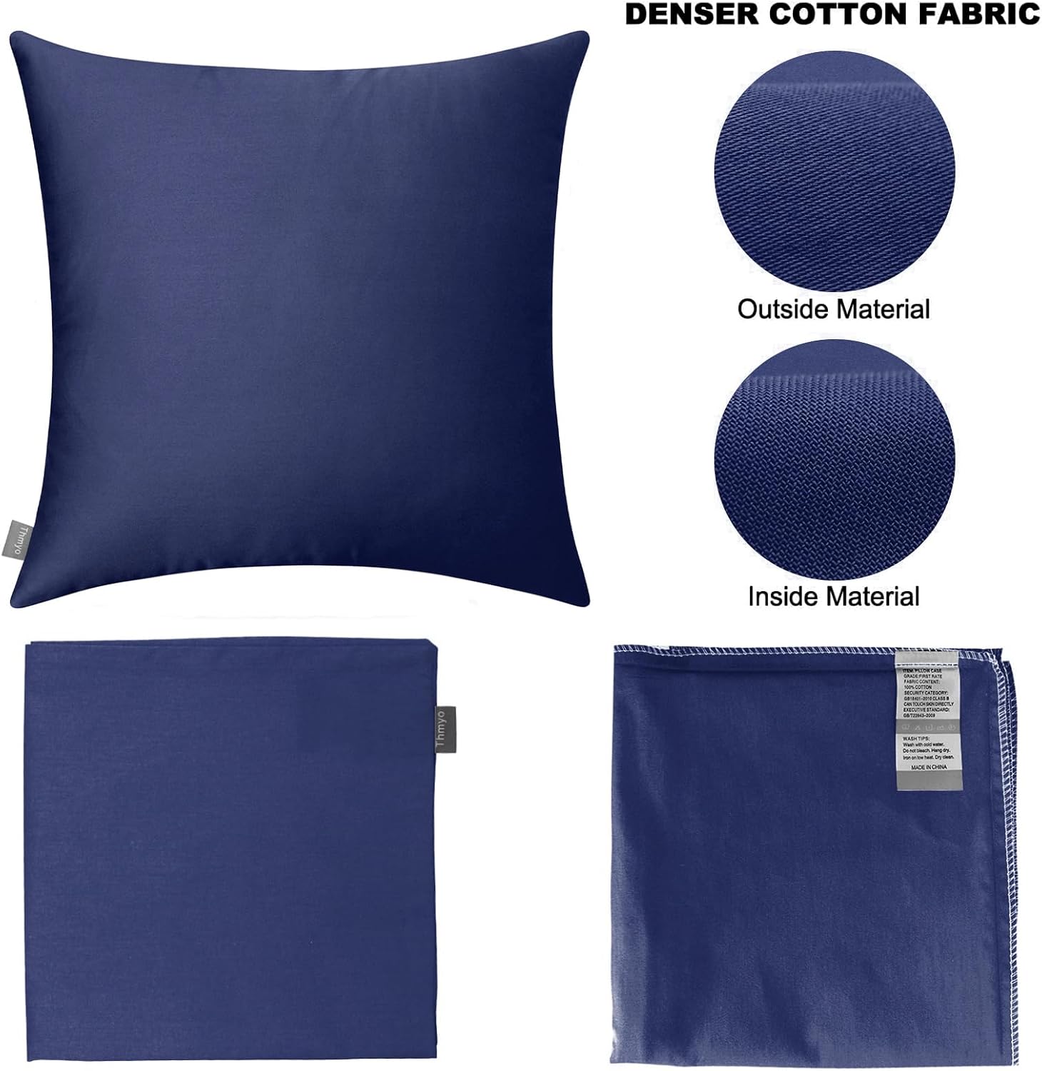Thmyo 4-Pack 100% Cotton Solid Decorative Throw Pillow Case 18x18 Dark Blue