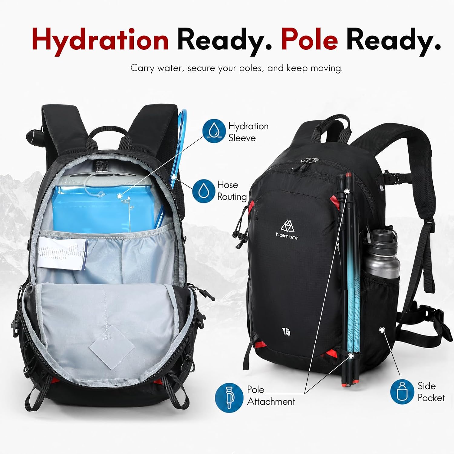 Haimont 15L Lightweight Hiking Daypack, Black