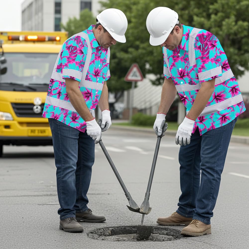 High Visibility Hawaiian Shirt for Men Tropical Shirts Custom Name Floral Outfit Reflective Safety Workwear