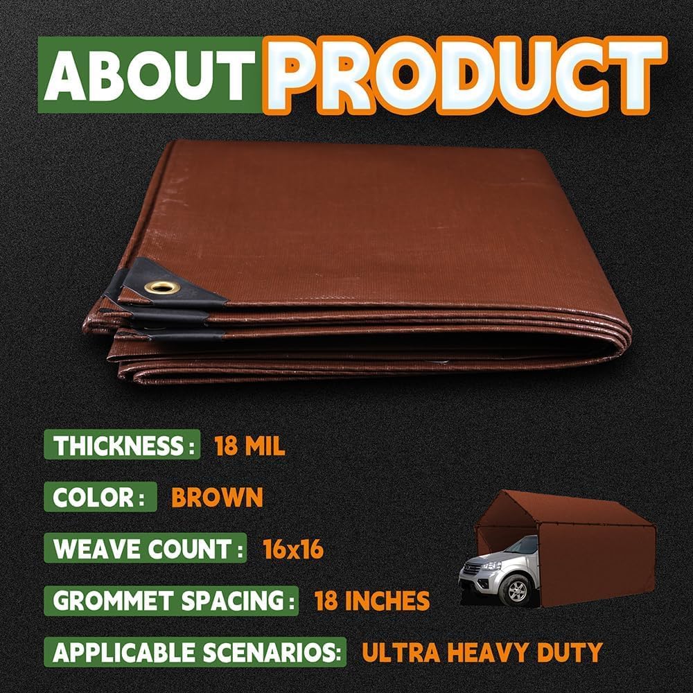 RAINDEWAY Tarp 15x30ft Brown Tarps Heavy Duty Waterproof 18Mil Extra Thick