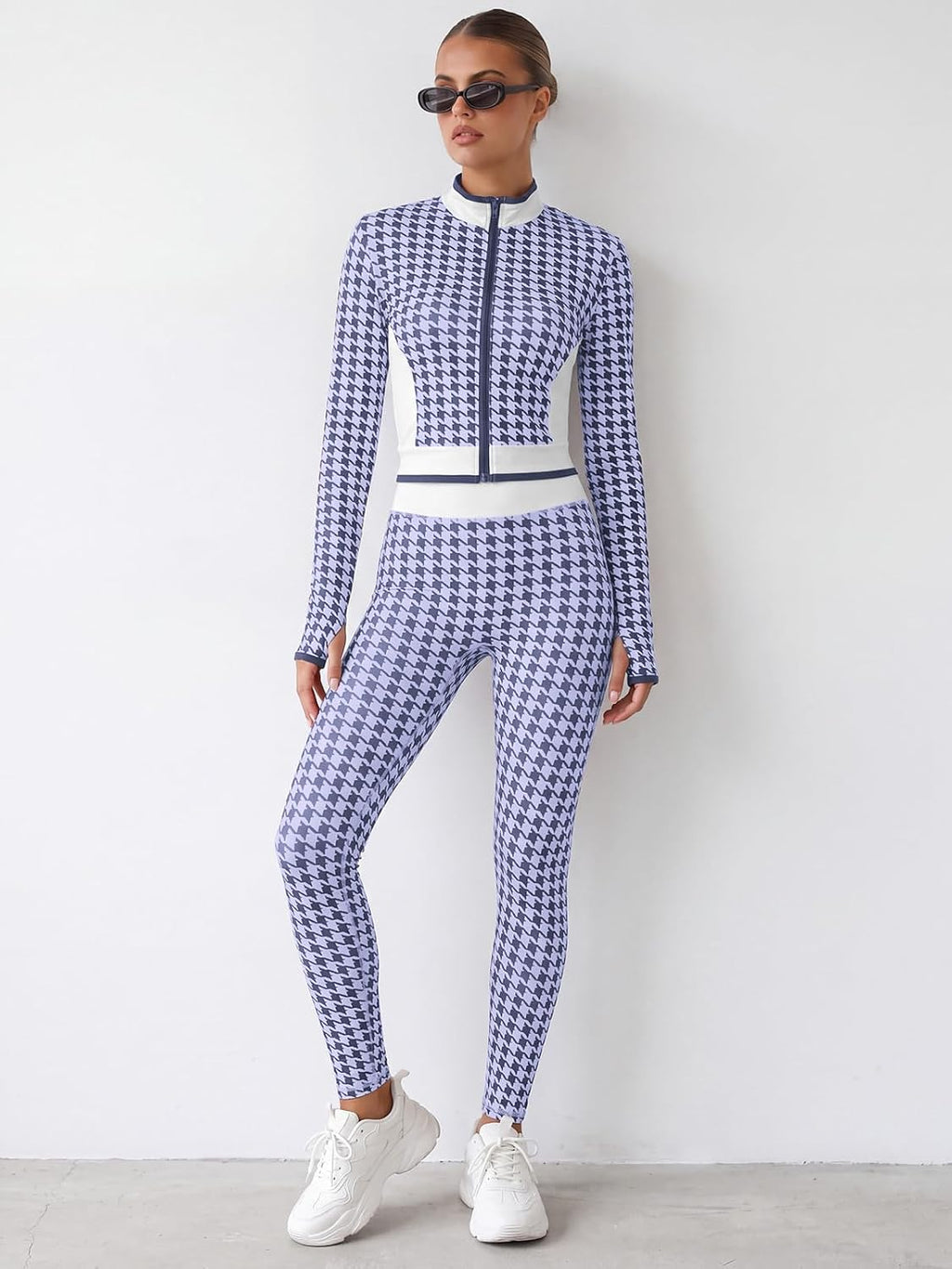 Aoysky Womens High Waist Houndstooth Leggings No Front Seam Yoga Pants