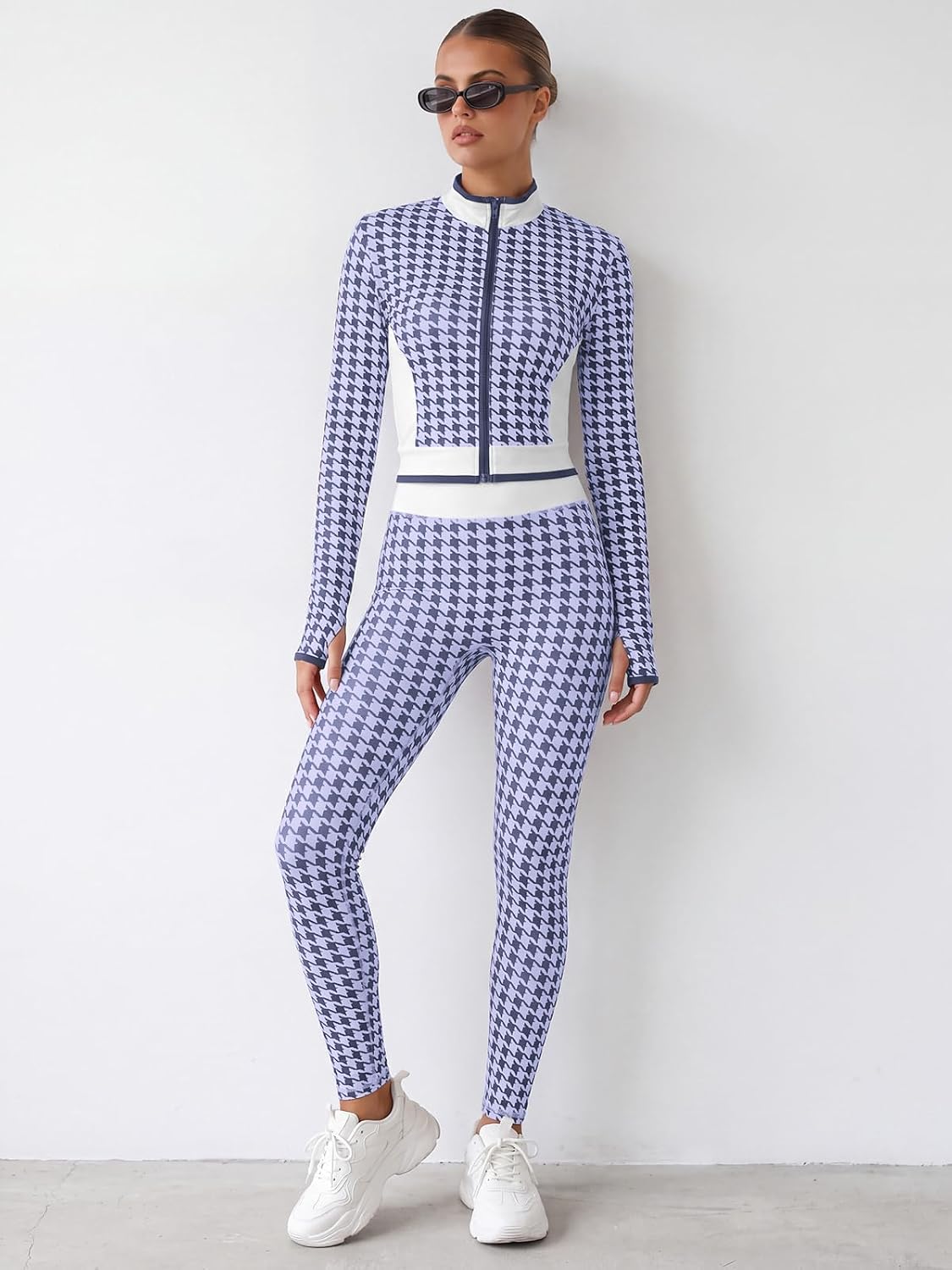 Aoysky Womens High Waist Houndstooth Leggings No Front Seam Yoga Pants