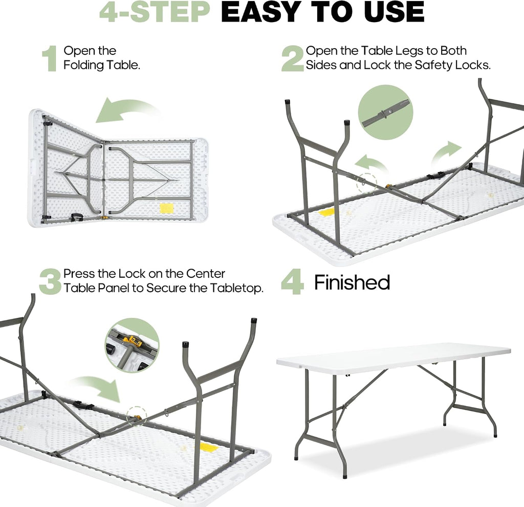 Folding Table 6ft, Heavy-Duty 500lbs Weight Capacity Foldable Table with HDPE Top & Steel Legs, Portable 6 Foot Picnic Table for Indoor Outdoor Parties, Camping, Event (White, 6 FT)