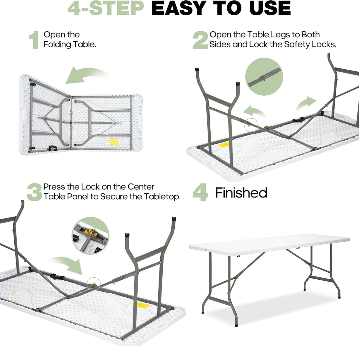 Folding Table 6ft, Heavy-Duty 500lbs Weight Capacity Foldable Table with HDPE Top & Steel Legs, Portable 6 Foot Picnic Table for Indoor Outdoor Parties, Camping, Event (White, 6 FT)
