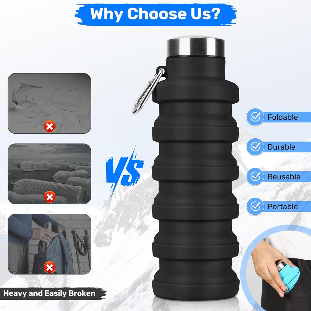 Collapsible Water Bottle, 16oz Portable Reusable Silicone Water Bottle with Carabiner for Gym, Travel, Camping, Hiking, Sports, Lightweight, BPA-Free, Leak-Proof, Foldable Design, Light Blue