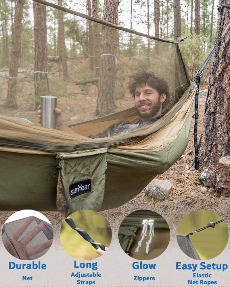 Sunyear Hammock Camping with Rain Fly Tarp and Net, Portable Camping Hammock Double Tree Hammock Outdoor Indoor Backpacking Travel & Survival, 2 Tree Straps,100% Waterproof Green Bundle