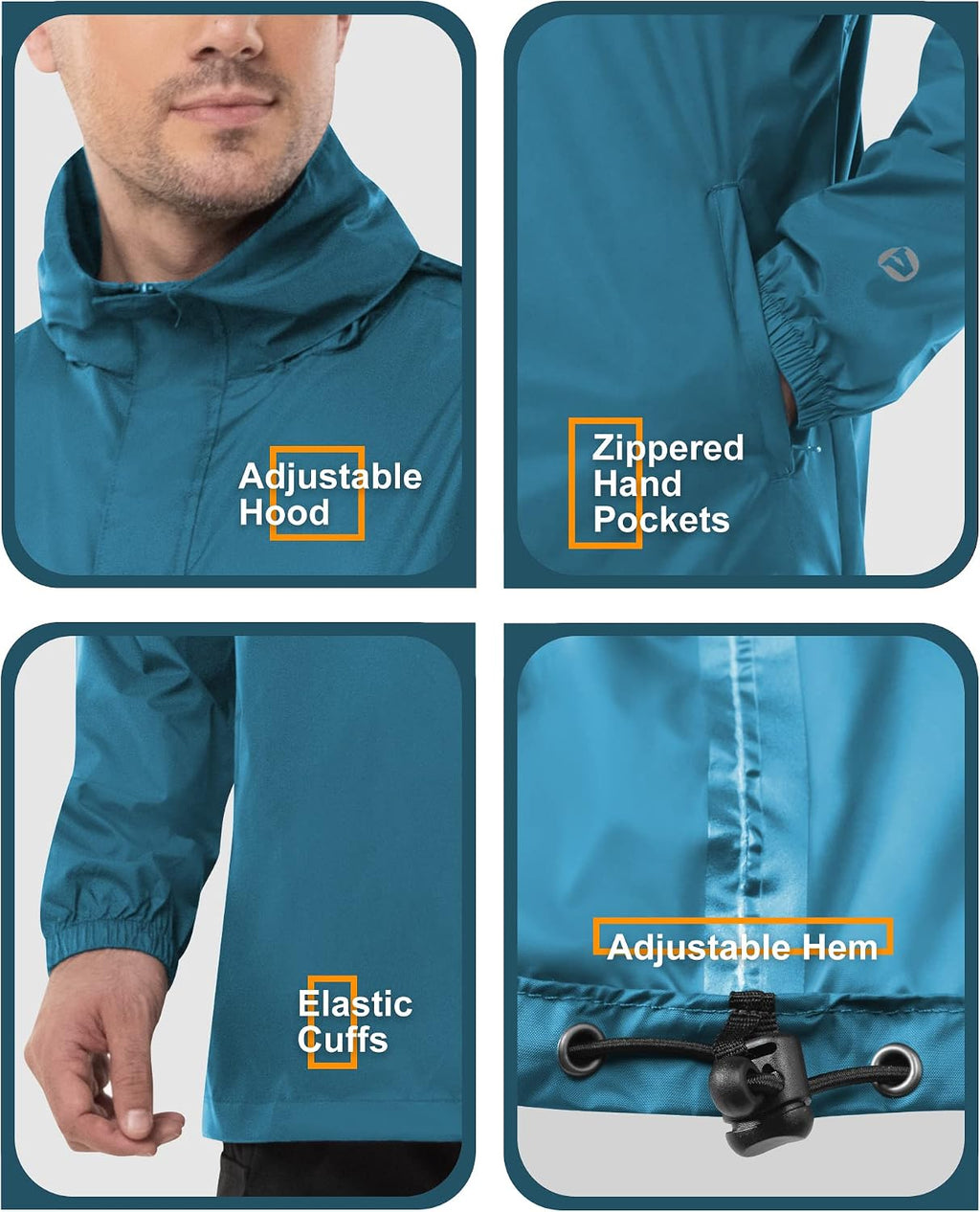 Outdoor Ventures Men's Rain Jacket Waterproof Lightweight Packable Pullover
