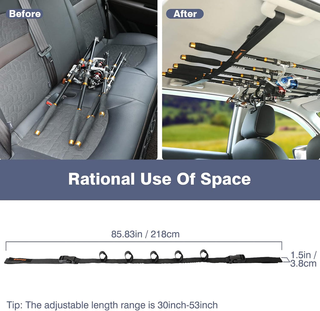 Roylvan 2 Pack Vehicle Fishing Rod Holder - Fishing Pole Car Rack 5 Rods Capacity, Adjustable 30 to 54 Inches Horizontal Roof Storage Carrier Belt for SUV, Truck and Van, Black