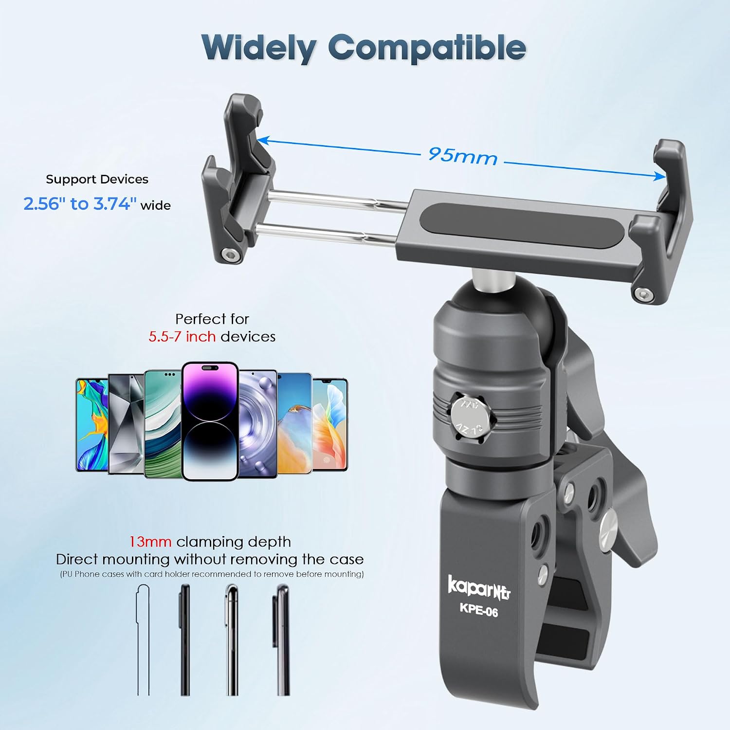 Motorcycle Phone Mount, Handlebar Clamp Base Fits 0.5"-2" Diameter Bars, 25mm Ball Head & Aluminum Socket Arm, 360° Rotatable, Universal for iPhone/Android Phones Width 2.56"-3.74"(KPS-07)