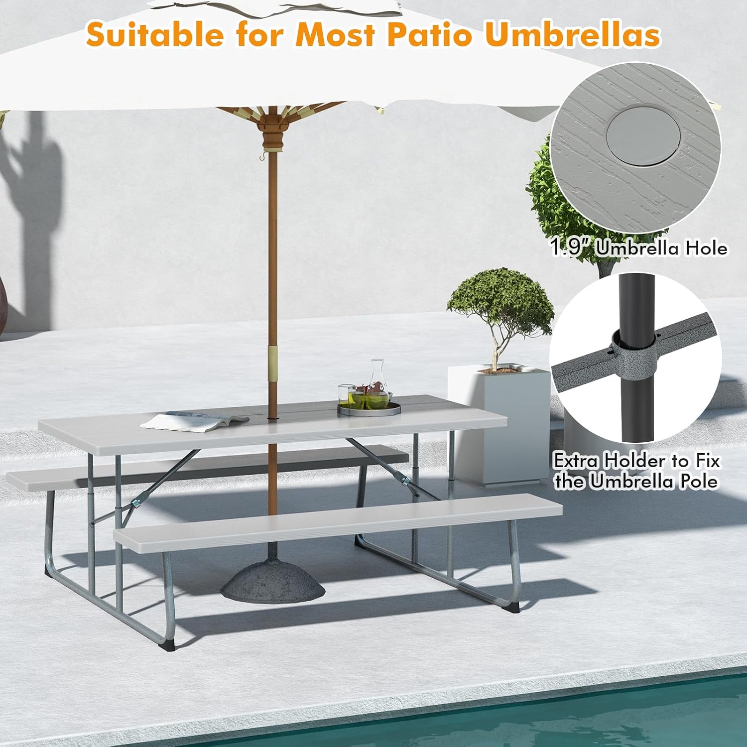Tangkula 6 Ft Folding Picnic Table, Outdoor 8 Person Large Picnic Table Set with 2 Built-in Benches, Umbrella Hole, Metal Frame & HDPE Tabletop for Garden, Backyard (Grey)