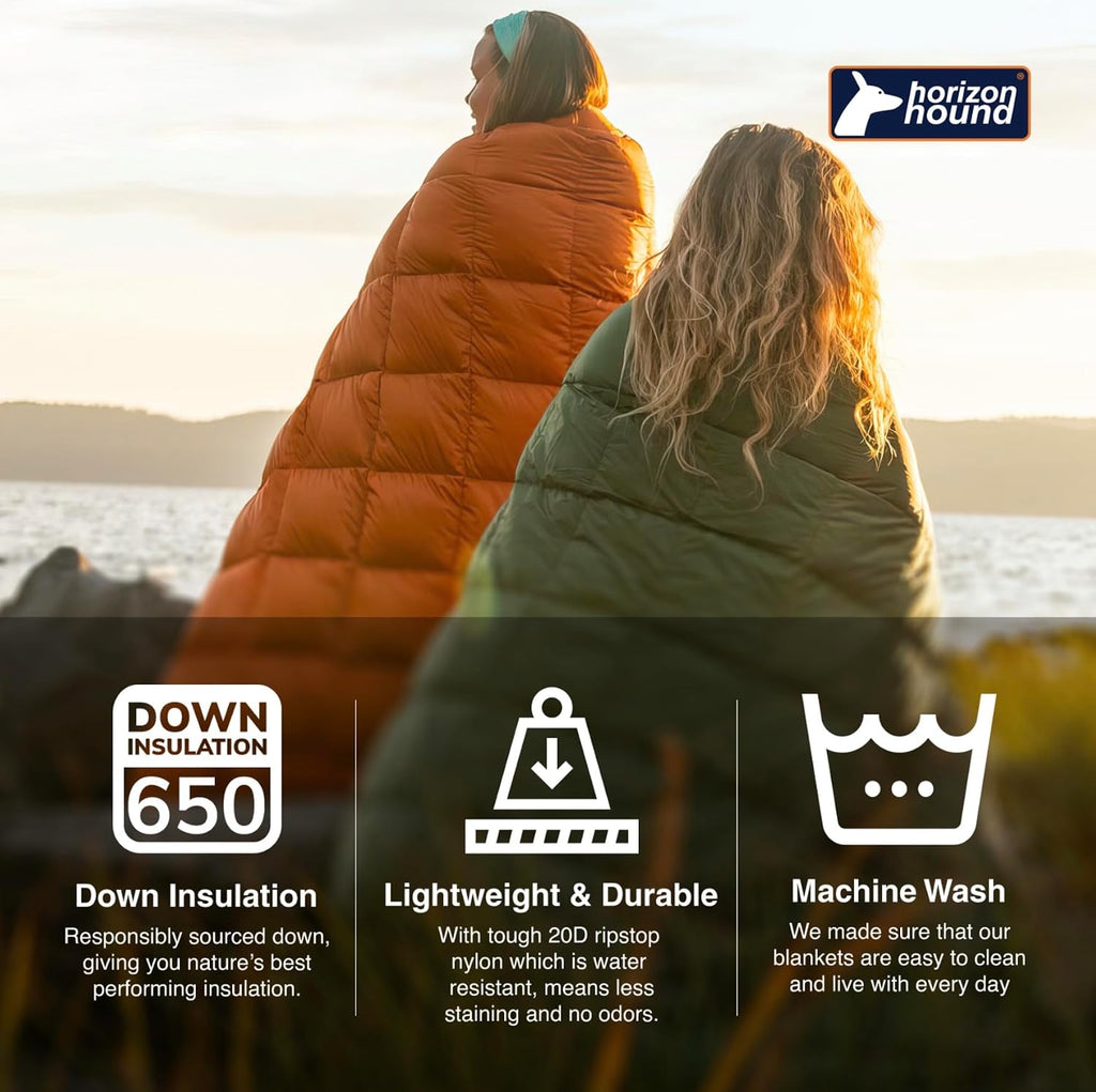 Horizon Hound Down Camping Blanket 650 Fill Power - Ultralight Backpacking Quilt (1lb 6oz) Warm & Water-Resistant 20D Nylon Shell for Outdoors, Camping, Hiking, Travel, & Stadium - Packable