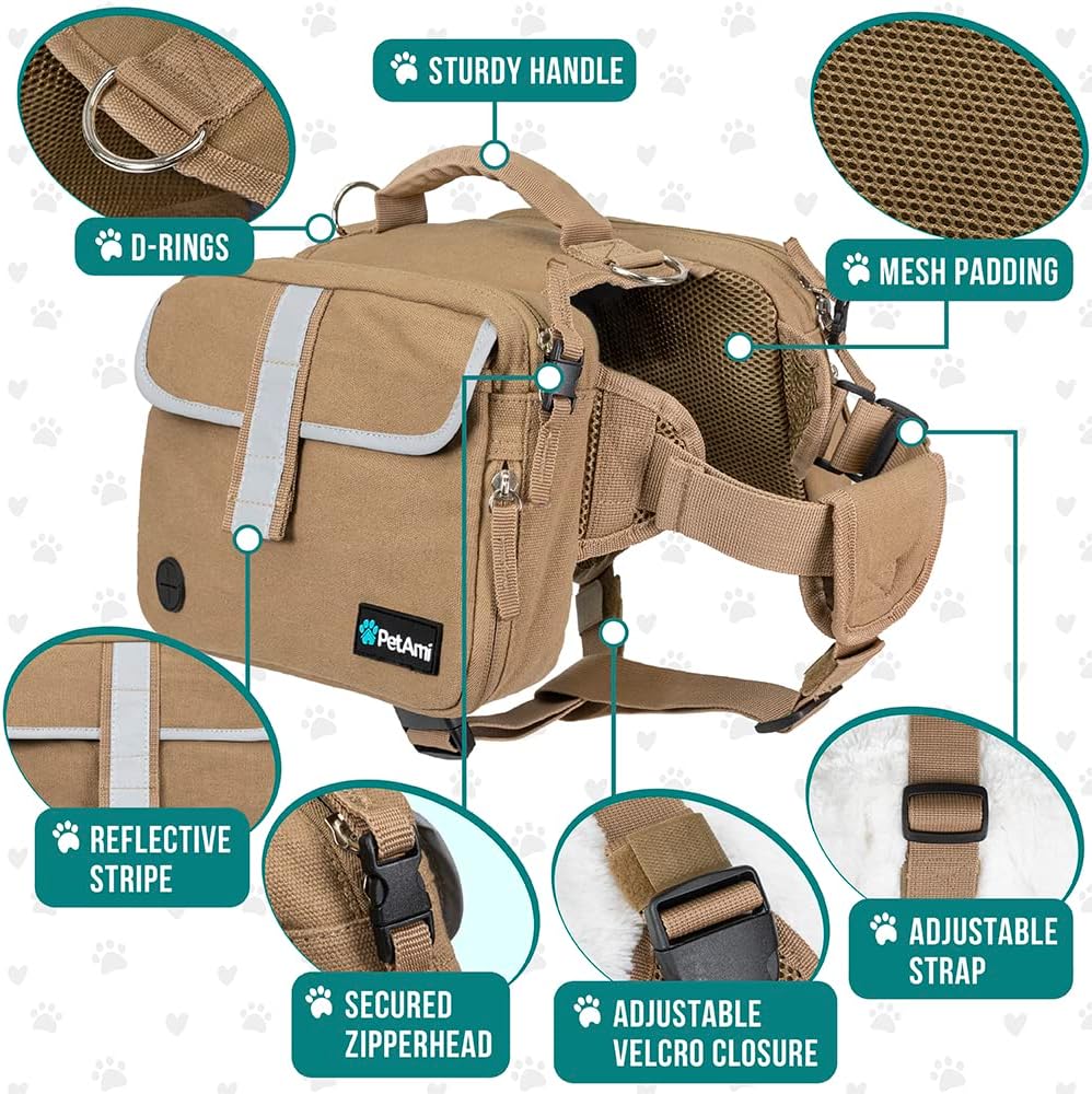 PetAmi Dog Backpack for Medium Large Dogs, Saddle Bag (Tan Canvas, Medium)