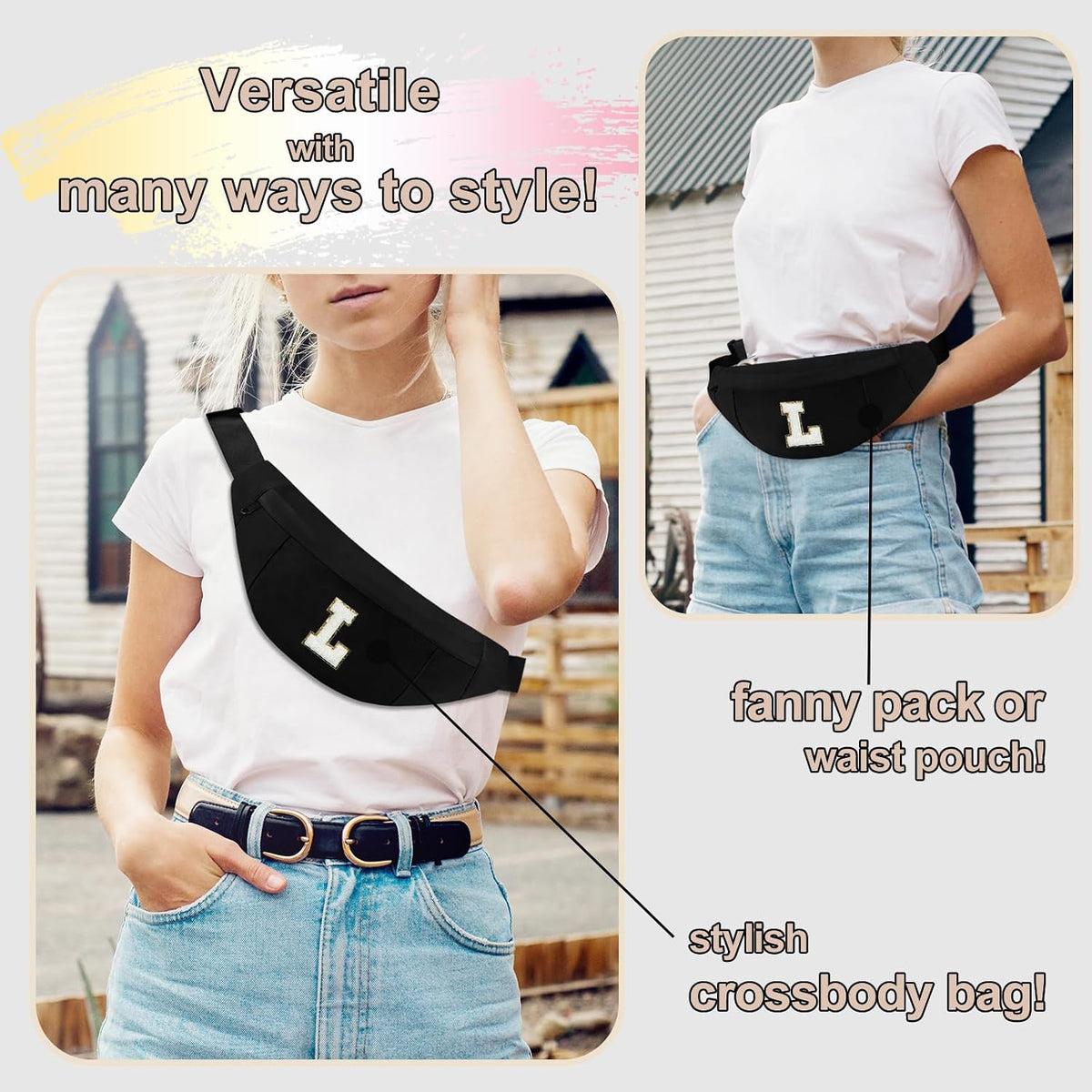 Monogrammed Gifts for Women Men Fanny Pack Shoulder Bag Personalized Birthday Gift for Friends Sister,Black K