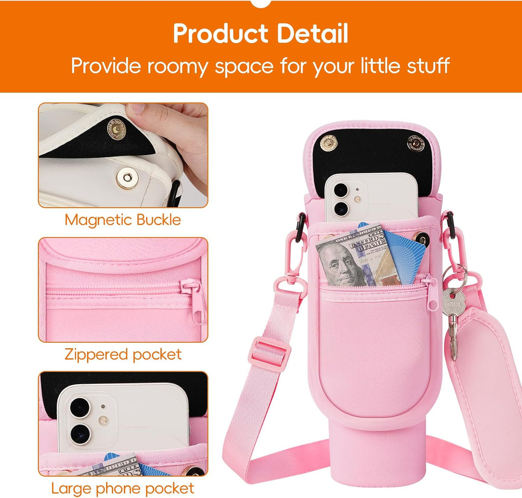 AceTreker Water Bottle Carrier Bag with Phone Pocket for Stanley 40/30 oz Tumbler Neoprene Insulated Mug Sleeve Pouch with 2 Pockets & Adjustable Strap & Straw Cover for Stanley Cup Accessories