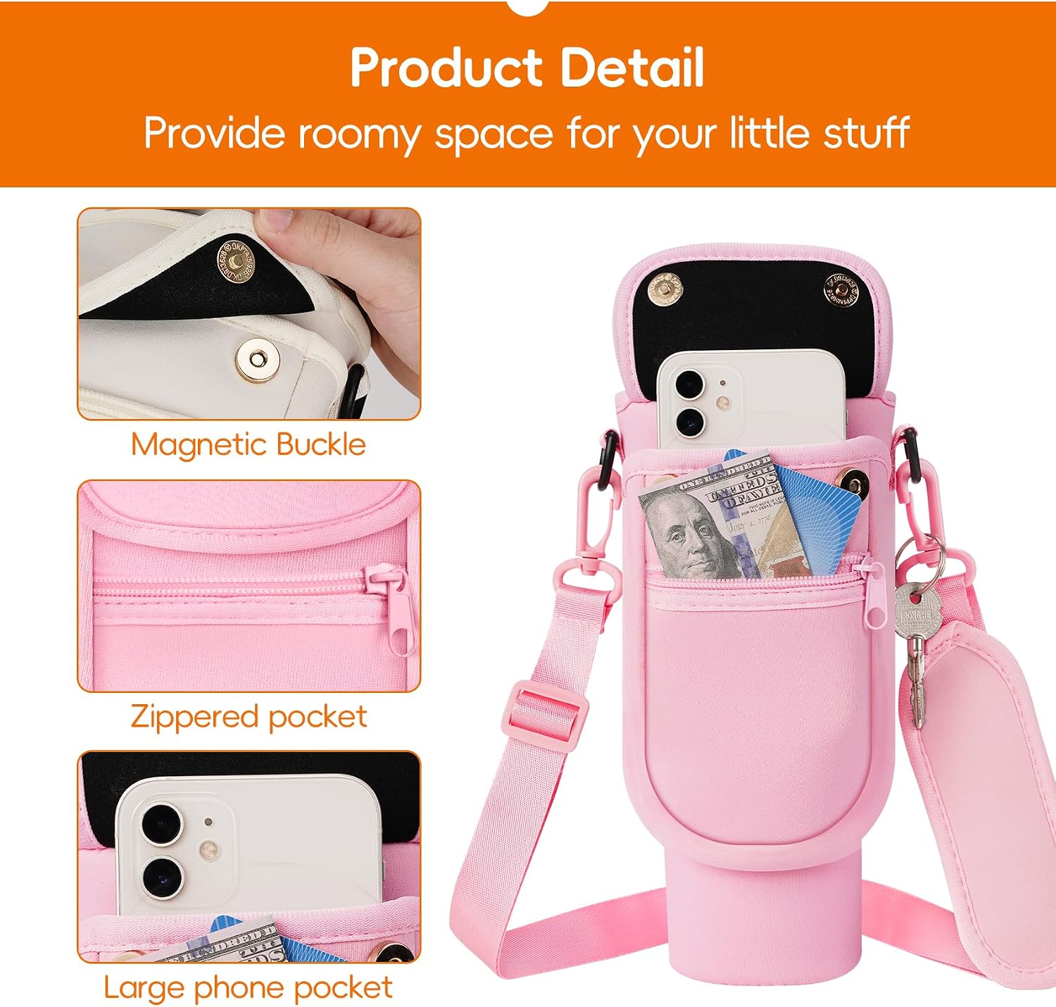 AceTreker Water Bottle Carrier Bag with Phone Pocket for Stanley 40/30 oz Tumbler Neoprene Insulated Mug Sleeve Pouch with 2 Pockets & Adjustable Strap & Straw Cover for Stanley Cup Accessories