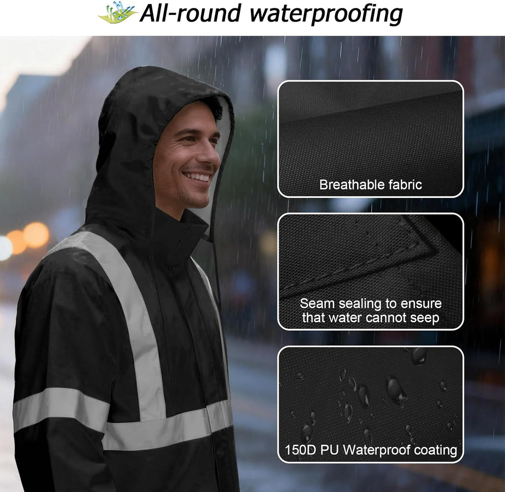 Rain Jacket, High Visibility Rain Coat, Waterproof Raincoat with Hood, Lightweight Rain Suit for Outdoor Activities, Rain Ponchos for Adults Reusable, Men Women, Black T, S-M