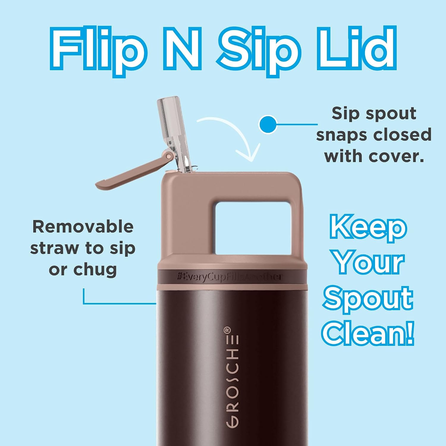 GROSCHE Alpine Shimmer Flip 'N Sip Water Bottle with Straw, Espresso, 20 oz