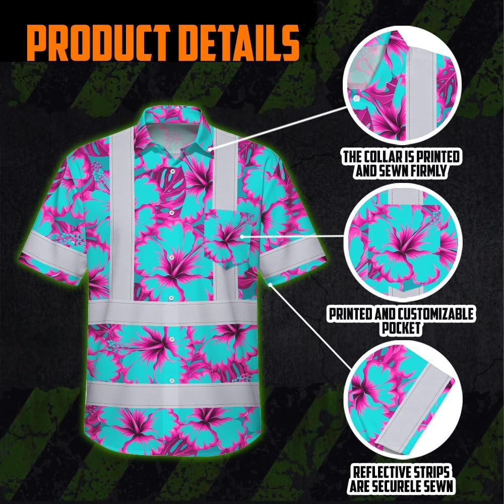 High Visibility Hawaiian Shirt for Men Tropical Shirts Custom Name Floral Outfit Reflective Safety Workwear