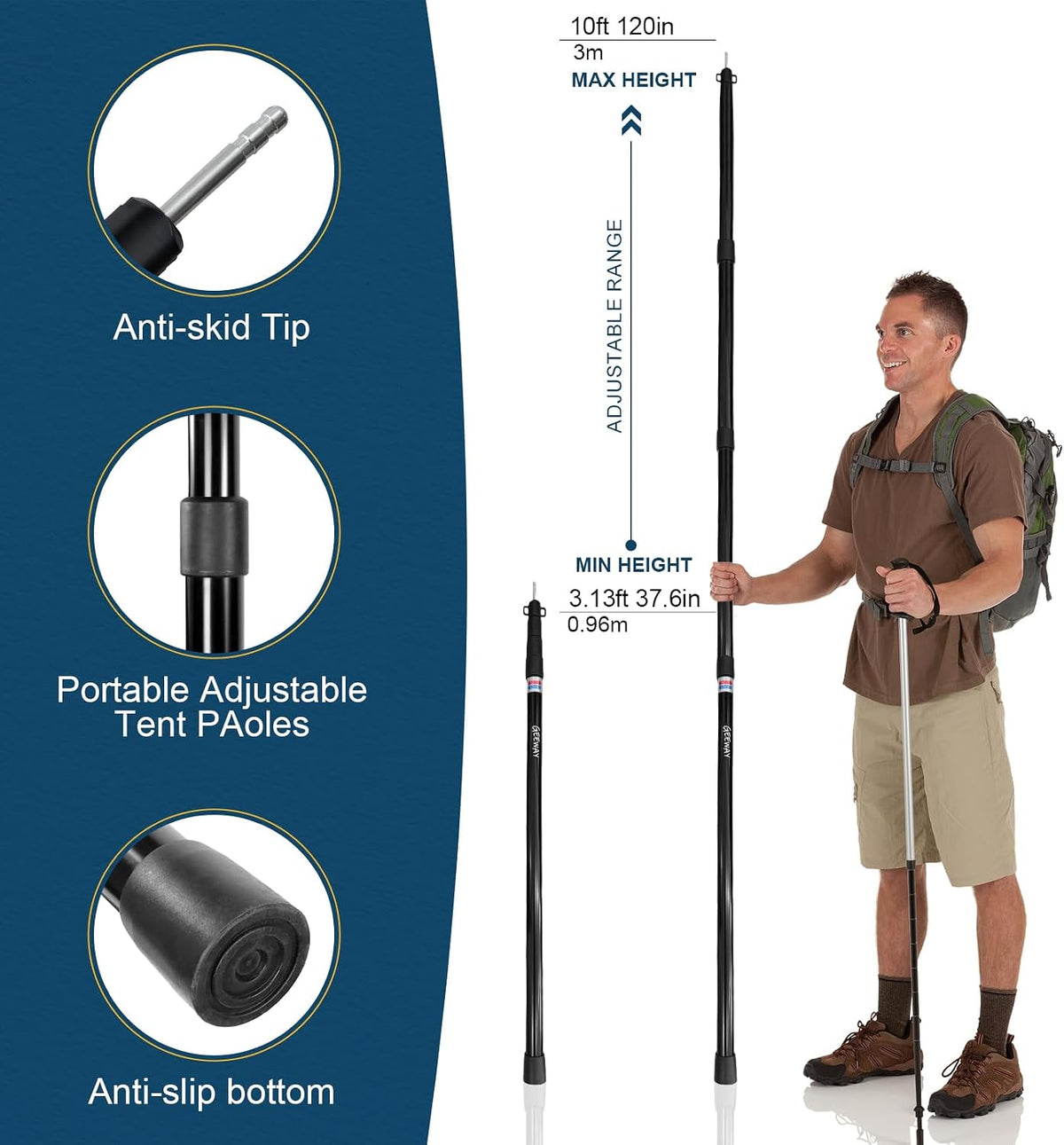 GEEWAY Tarp Poles for Camping, 10FT 2 Pcs Telescoping Black