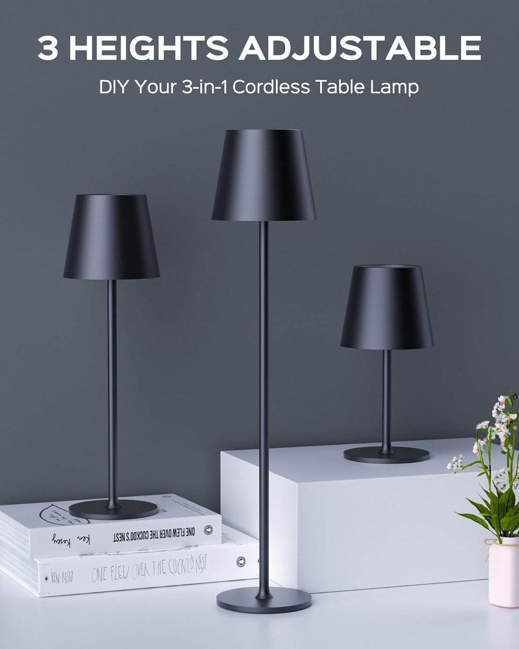 JACKYLED Cordless Table Lamps Rechargeable, 3 Height, 5000 Capacity