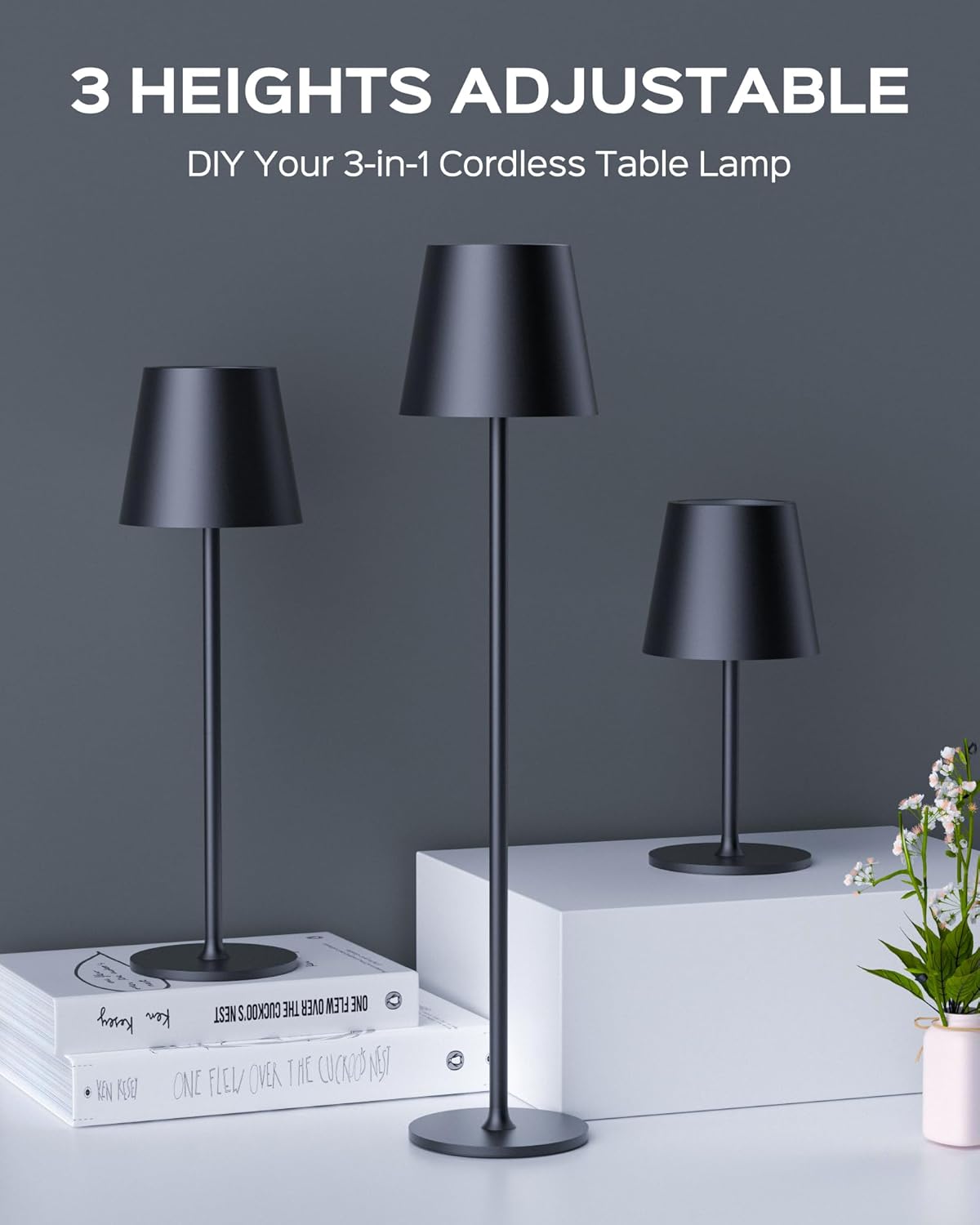 JACKYLED Cordless Table Lamps Rechargeable, 3 Height, 5000 Capacity