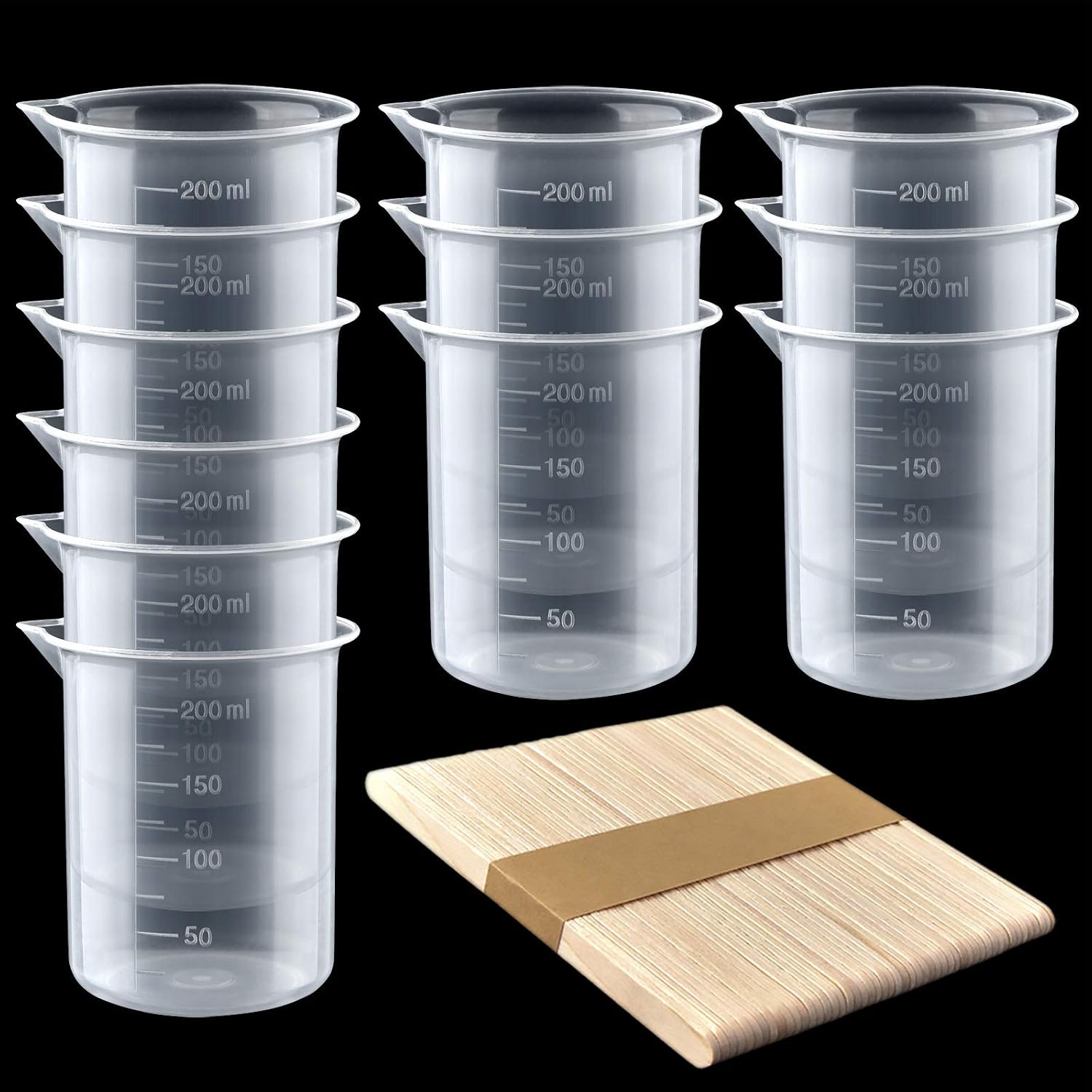 Coopay 12 Pack 100ml/3.4oz Plastic Beakers Epoxy Mixing Cups, Plastic Graduated Cups Clear Multipurpose Measuring Cups with 50 Pack Wooden Stirring Sticks for Resin, Epoxy, Stain, Mixing Paint