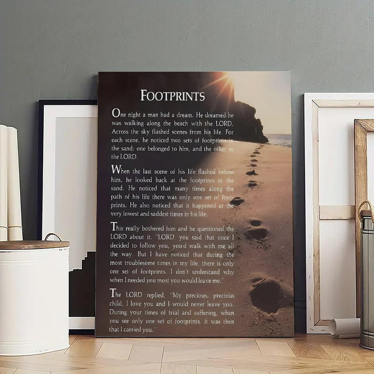 Footprints in the Sand Religious Canvas Wall Art Posters, Inspirational Beach Sunset Poem Print Poster (Framed 20x30inch, Footprints(7))