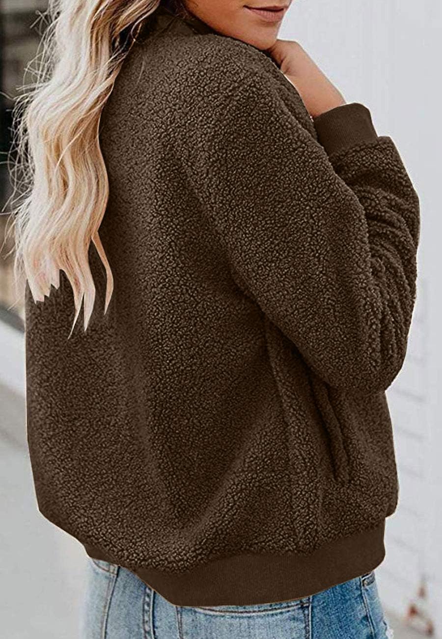 MIROL Women's Fall Fleece Bomber Jacket Trendy Sherpa Winter Coat Fuzzy Casual Long Sleeve Zip Up Loose Fit Jackets