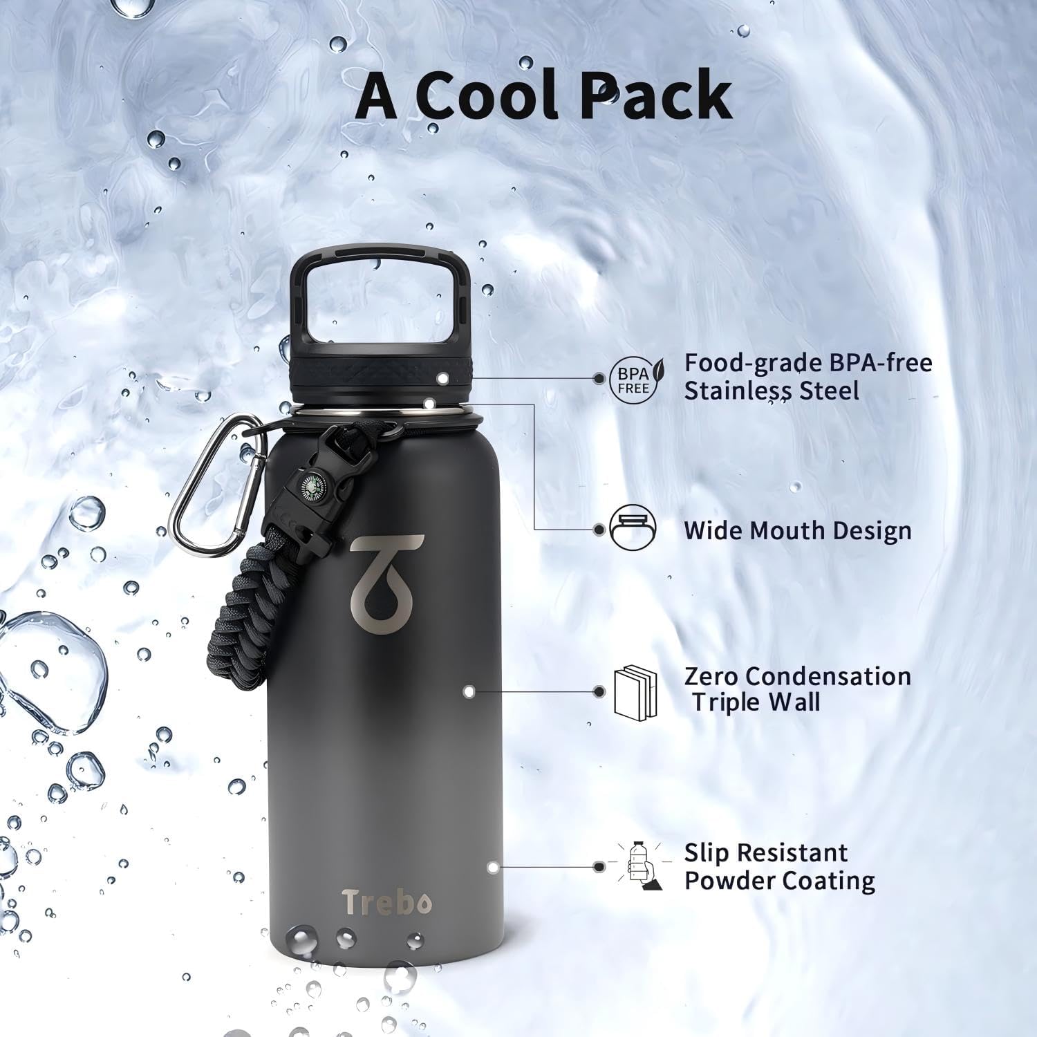 Trebo Insulated Water Bottle 32 oz with 3 Lids, Paracord Handle & Sleeve