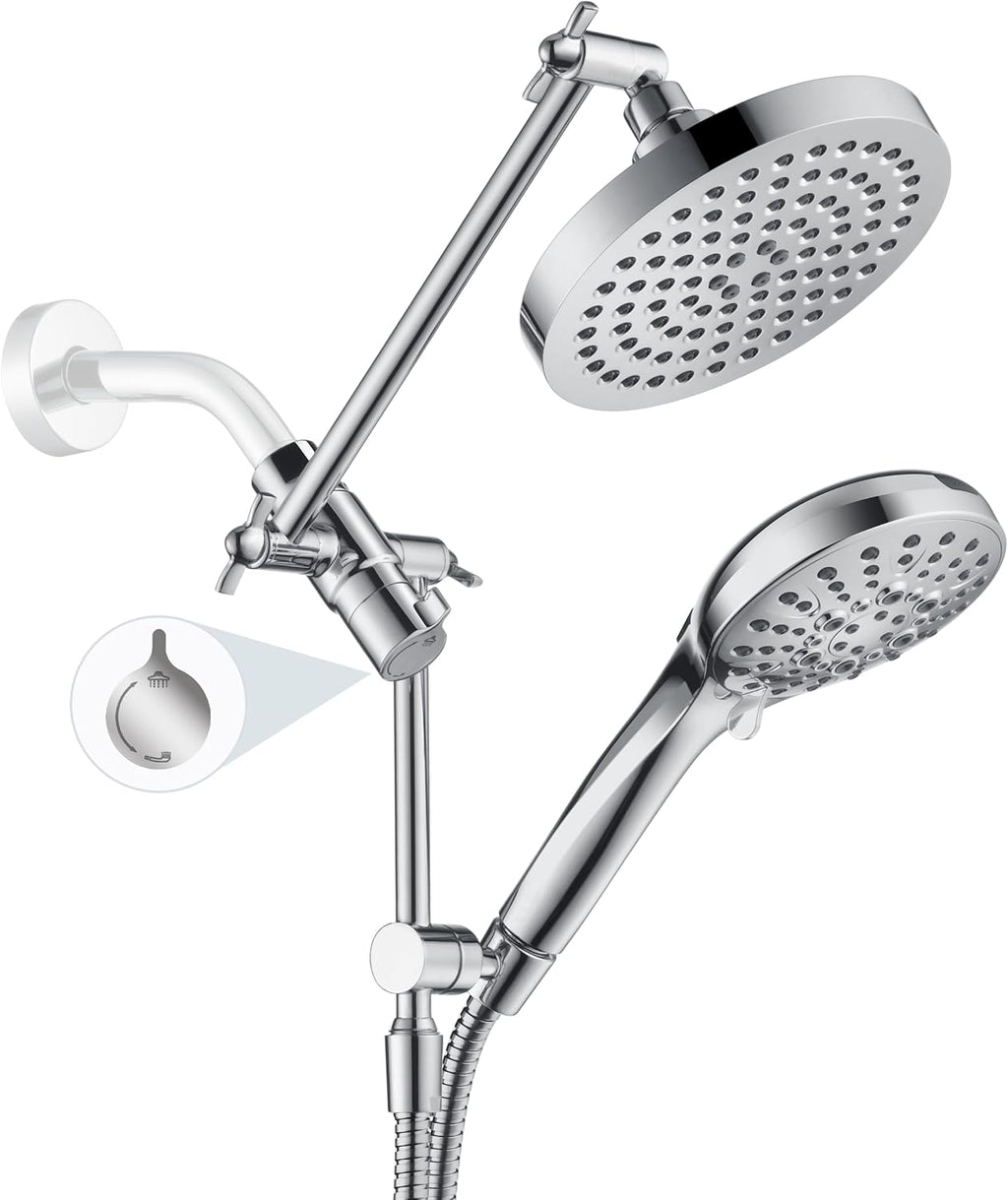 BRIGHT SHOWERS Rain Shower Head with Handheld Spray Built-in Power Wash, High Pressure Dual Shower Head with Height Adjustable Extension Arm, 3-Way Diverter, 9 Settings Handheld, 69” Long Hose, Chrome