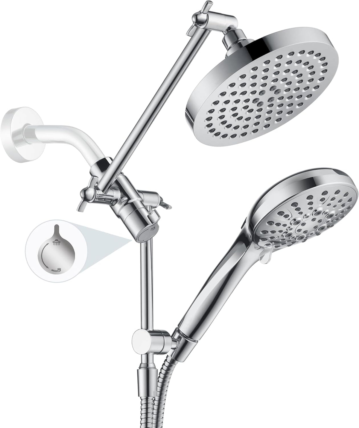 BRIGHT SHOWERS Rain Shower Head with Handheld Spray Built-in Power Wash, High Pressure Dual Shower Head with Height Adjustable Extension Arm, 3-Way Diverter, 9 Settings Handheld, 69” Long Hose, Chrome