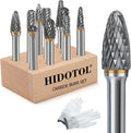 HIDOTOL Carbide Burr Set 1/4" Shank 10PC Tungsten Double Cut Carbide Rotary Burr Set for Metal and Wood Carving, Grinding, Polishing, Engraving, Drilling in Wooden Case.