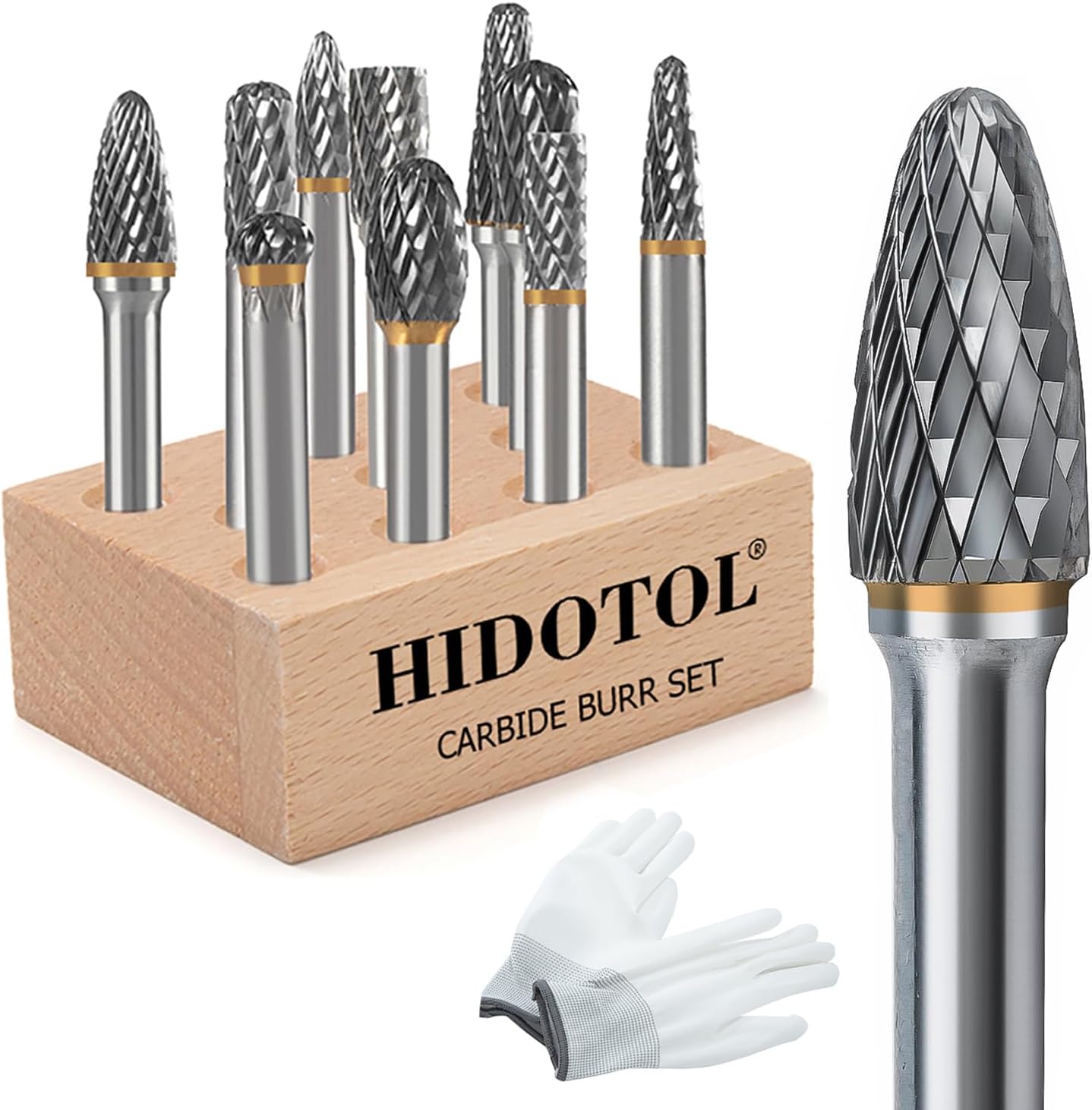 HIDOTOL Carbide Burr Set 10PC 1/8" Shank Tungsten Double Cut Carbide Rotary Burr Set for Metal and Wood Carving, Grinding, Polishing, Engraving, Drilling.