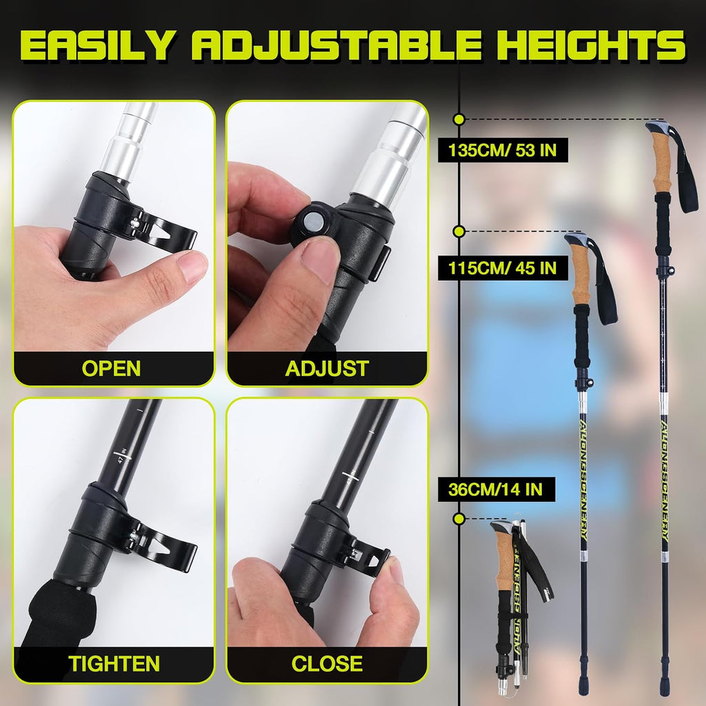 Collapsible Trekking Poles for Hiking-Lightweight Adjustable Walking Sticks with 7075 Aluminum,Anti-Shock,Quick Lock&Cork Grips for Men/Women, Camping, Backpacking, Mountaineering, 2 Pcs