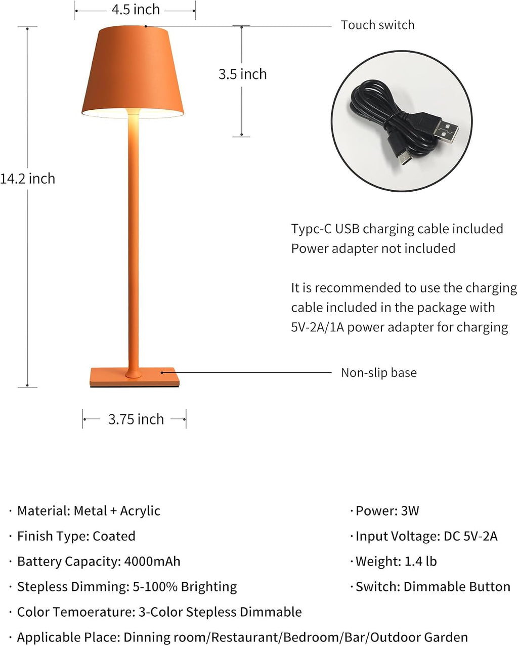 KDG 2 Pack Cordless Orange Table Lamps, Rechargeable Portable LED Desk Lamp