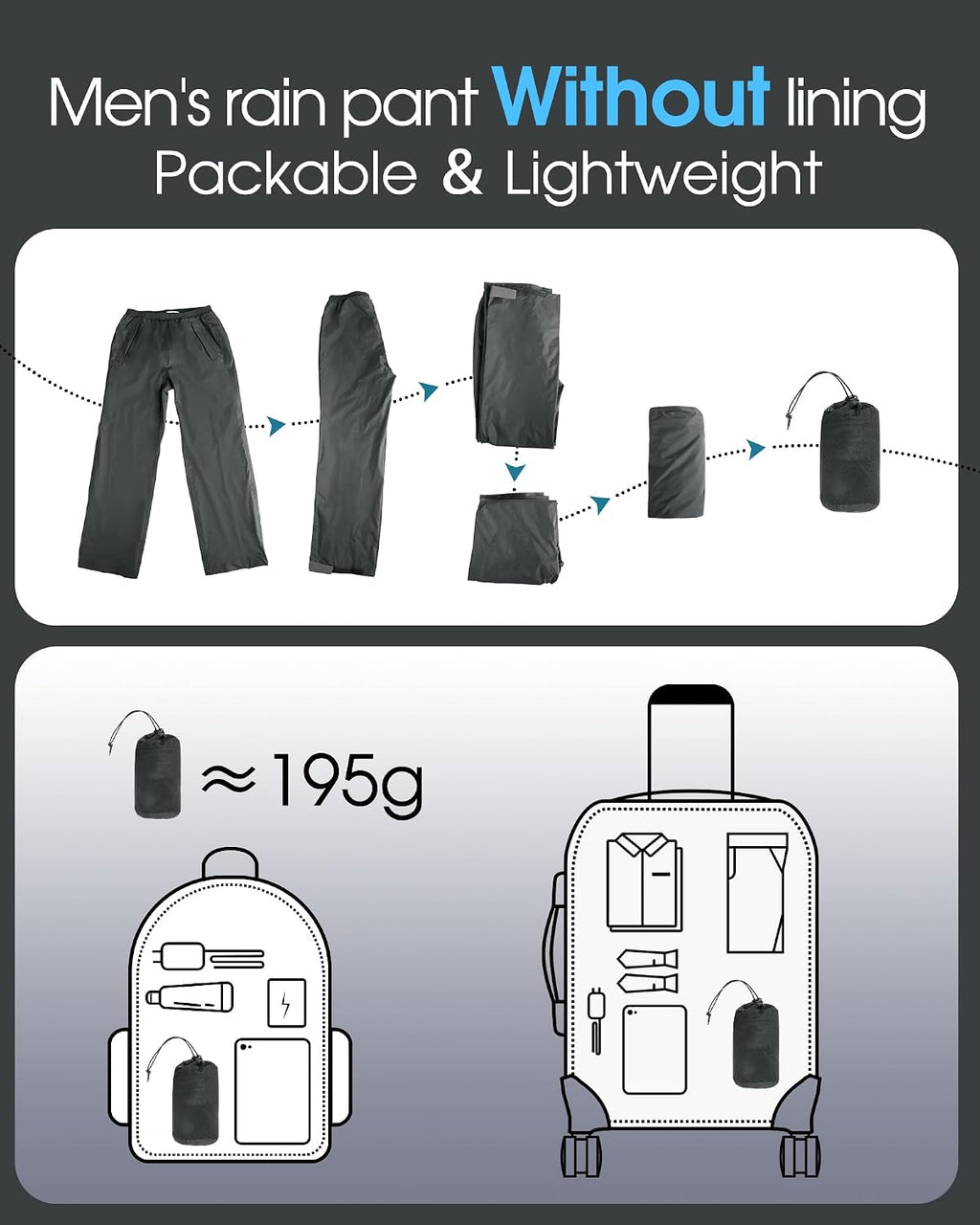 33,000ft Packable Rain Pants for Men Waterproof Lightweight Hiking Pants