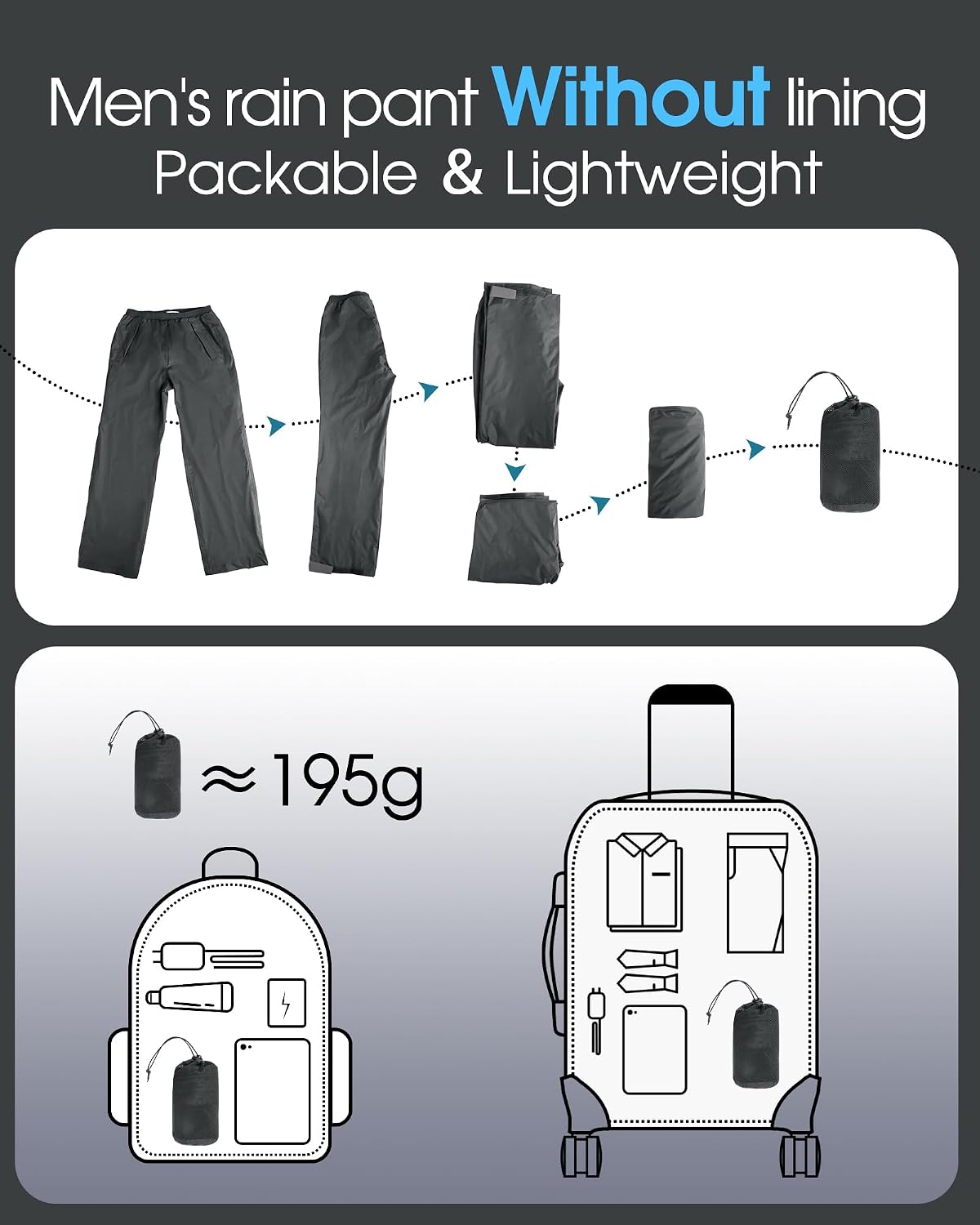33,000ft Packable Rain Pants for Men Waterproof Lightweight Hiking Pants