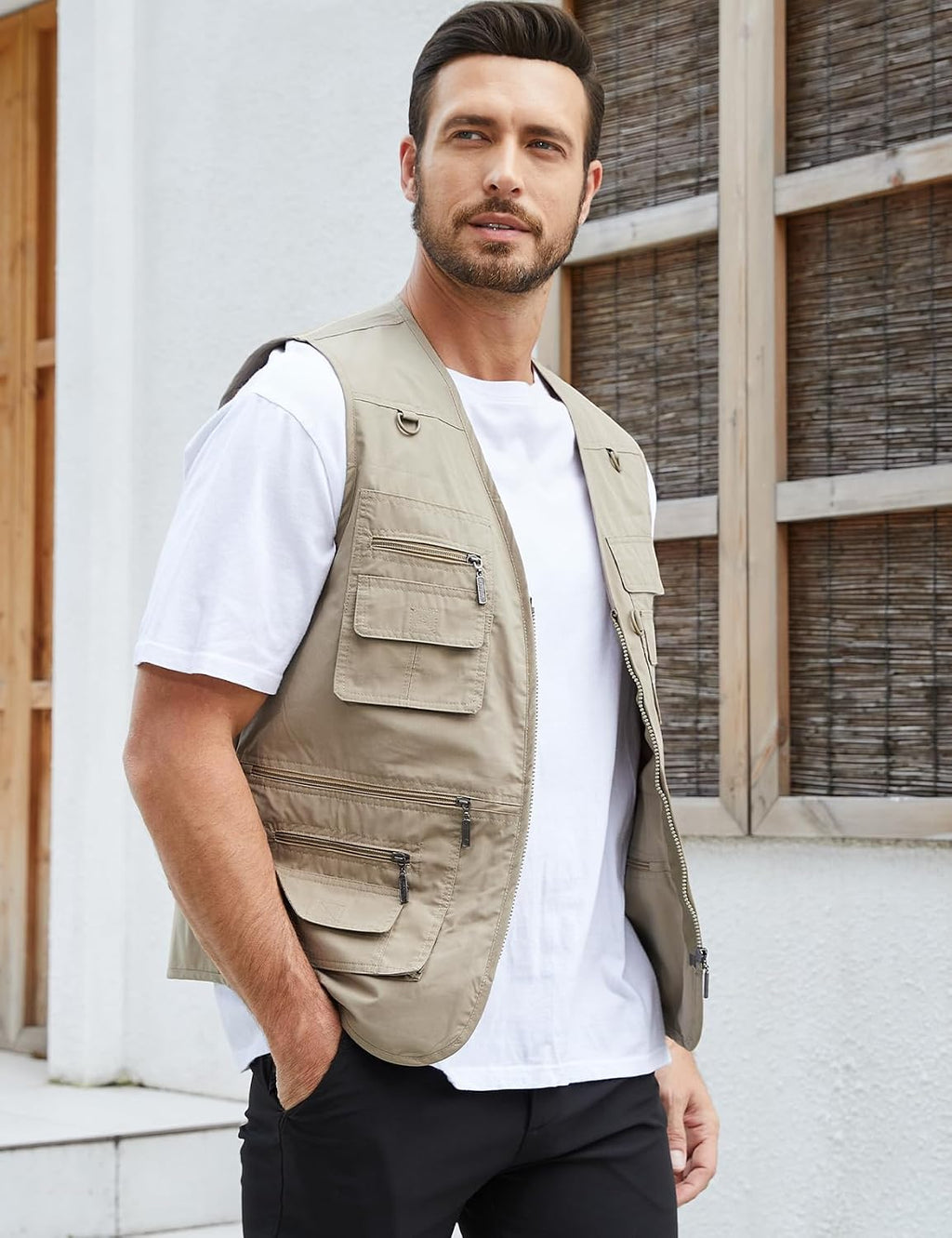 Gihuo Men's Fishing Vest Utility Safari Travel Vest with Pockets Outdoor Work Photo Cargo Fly Summer Vest