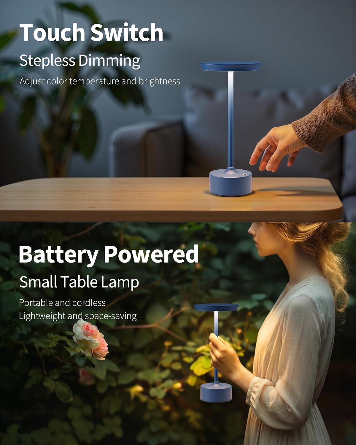 PUSU Rechargeable Table Lamps Set of 2, Blue Cordless Portable Desk Lamp