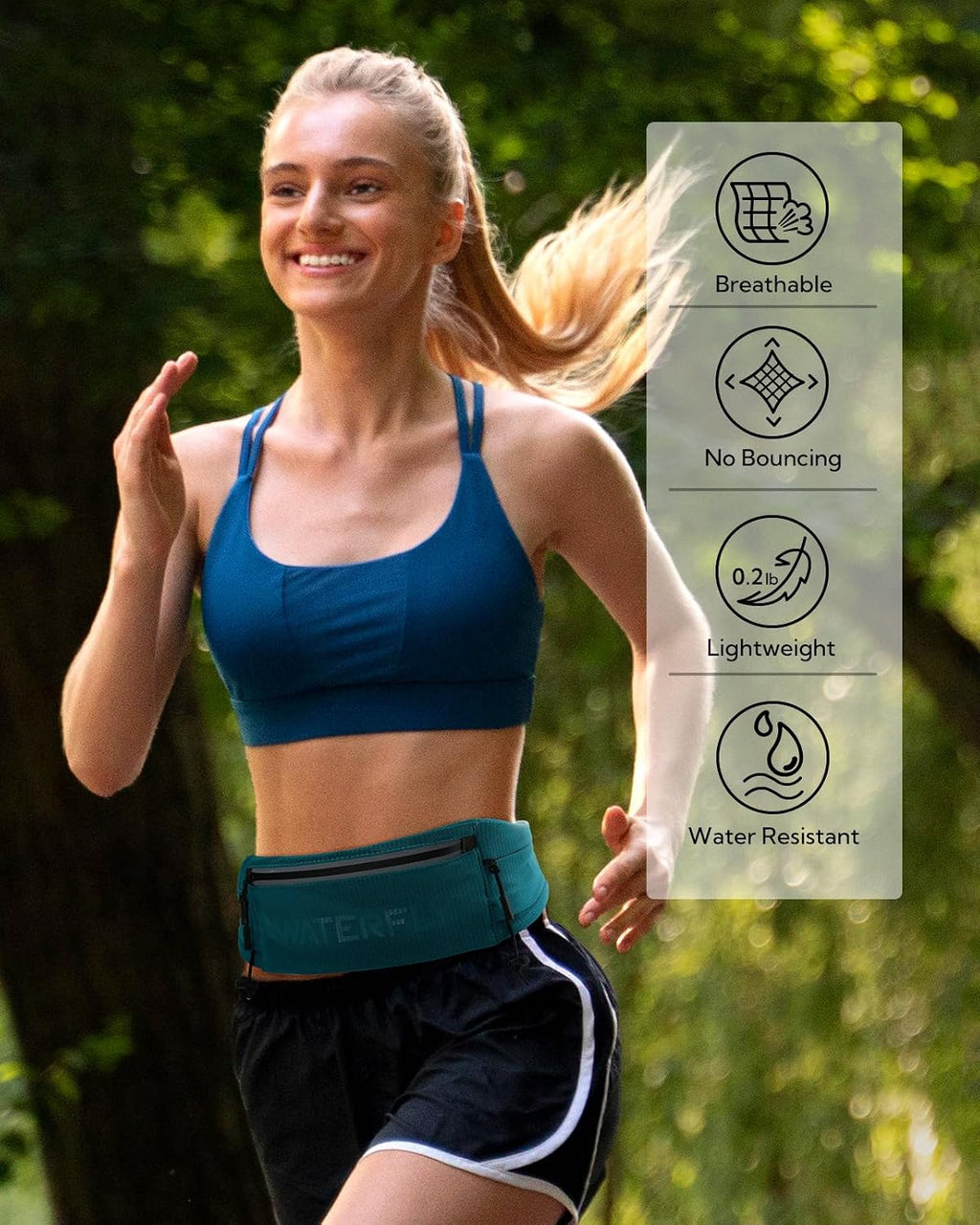 WATERFLY Running Belt Fanny Pack, Runner Race Belt with Bib Clip Green
