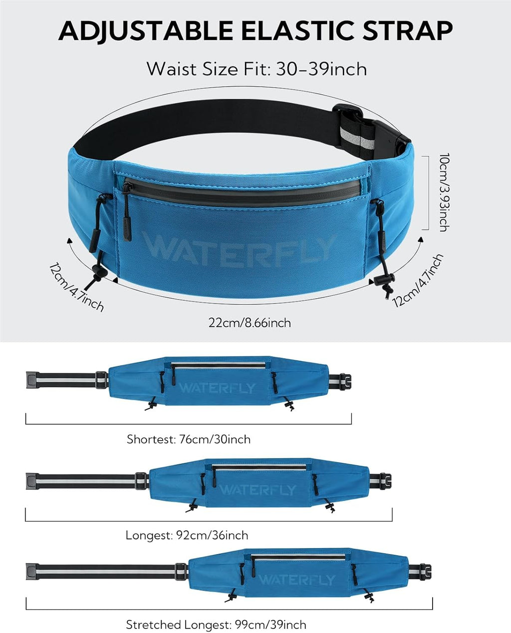 WATERFLY Running Belt Fanny Pack, Runner Race Belt with Bib Clip Blue