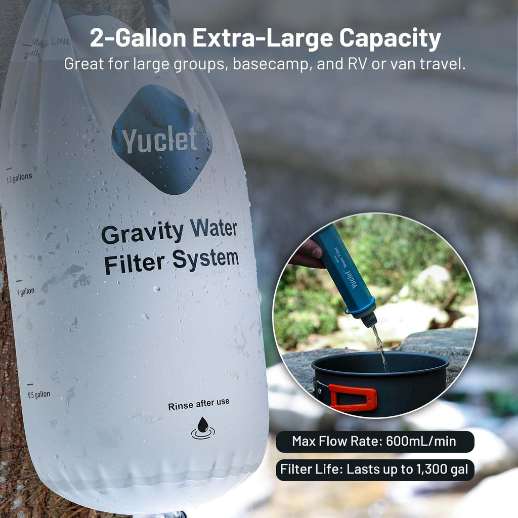 Yuclet Gravity Water Filter System w/ 2-Gal Bag & 0.1-Micron Filter Straw