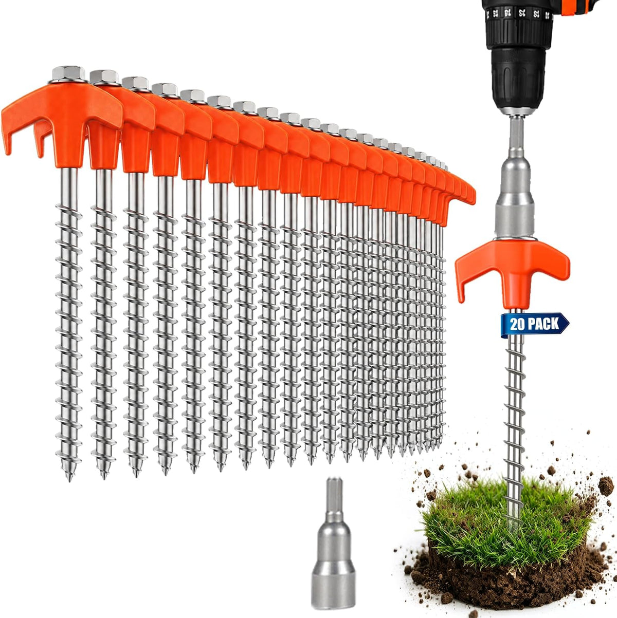 AOVFOREST 20 Pack Screw in Tent Stakes Heavy Duty, 8 Inch Ground Anchors Screw in, Metal Threaded Camping Stakes with Hex Head Driver, Shatterproof Large Head Pegs for Canopies,Inflatables,Tents