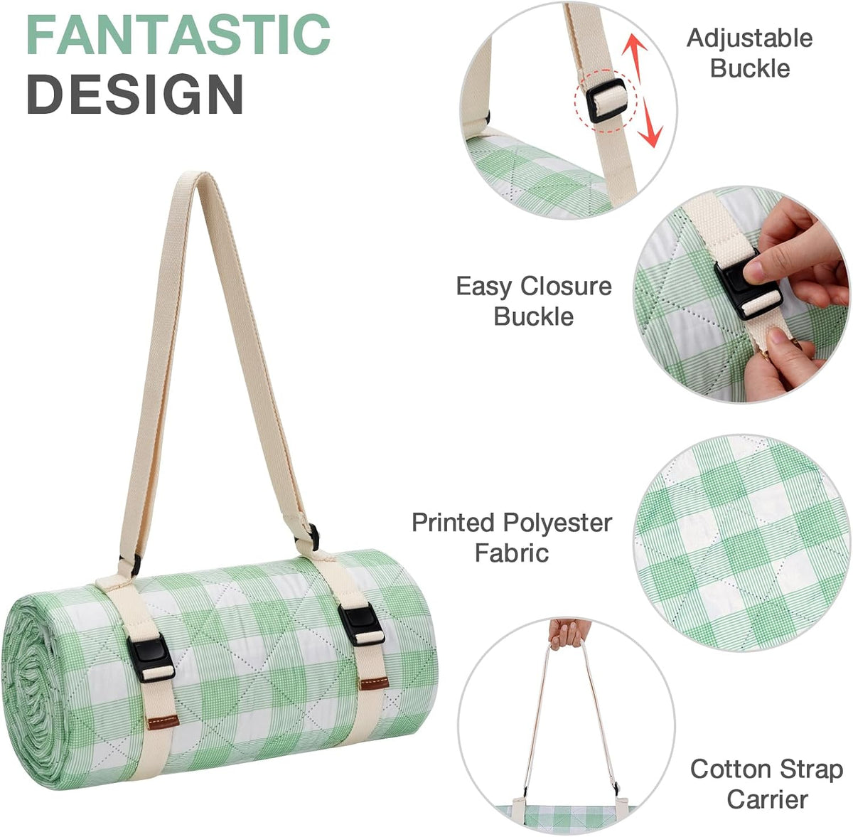 WILLOW WEAVE Large Picnic Blanket Waterproof,Outdoor Blanket - Green