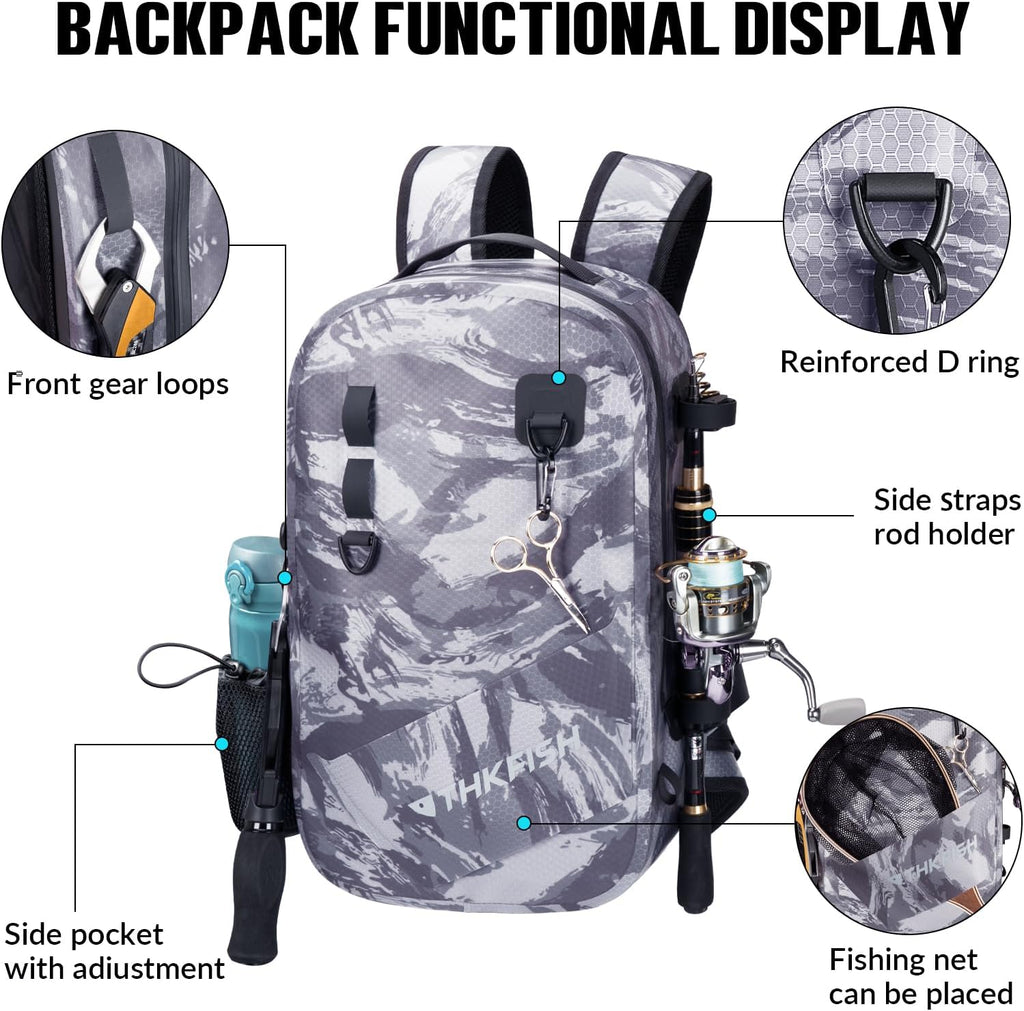 THKFISH IPX8 Waterproof Fishing Backpack with Rod Holder, Lightweight Fishing Sling Bag, Move Freely Fish Gifts for Men